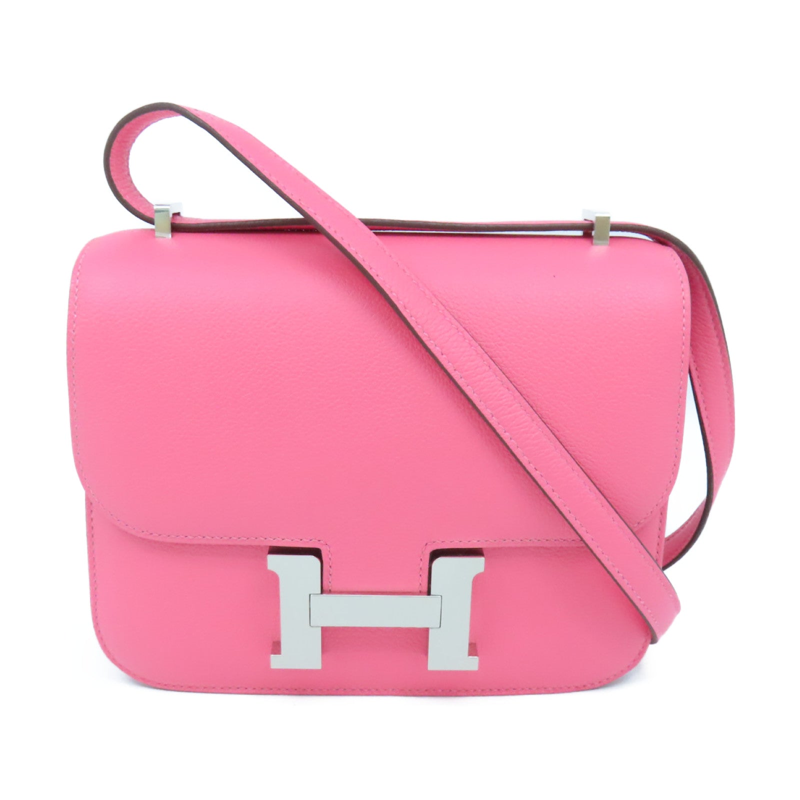 HERMES Evercolor皮革Constance Mini銀扣肩背袋Rose Azalee粉紅色