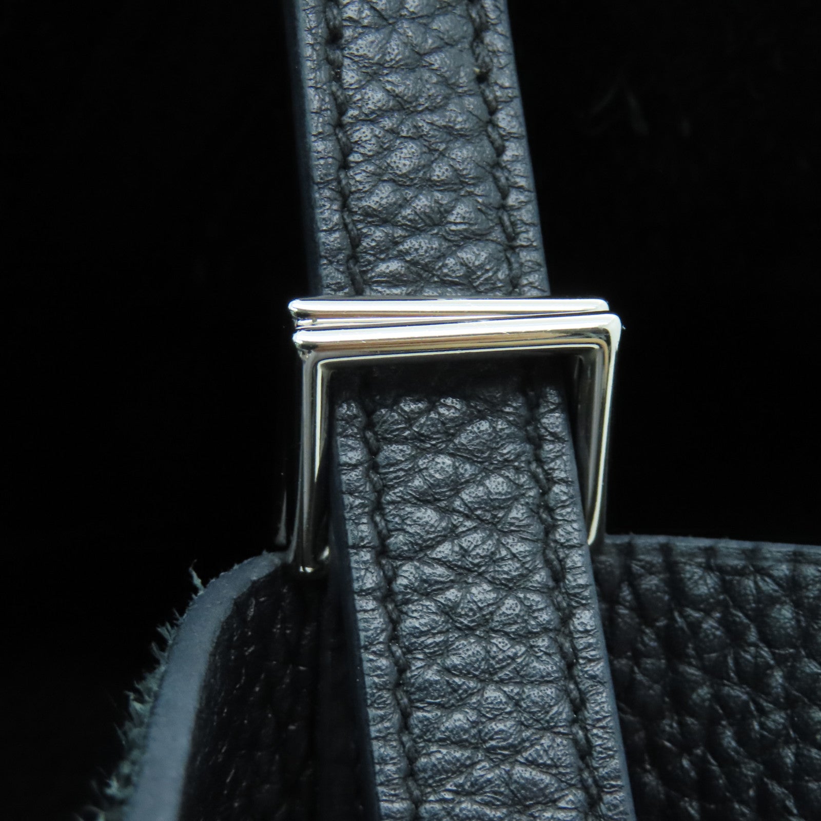 HERMES Clemence Leather Picotin MM Silver Buckle Hand Bag Noir/Black