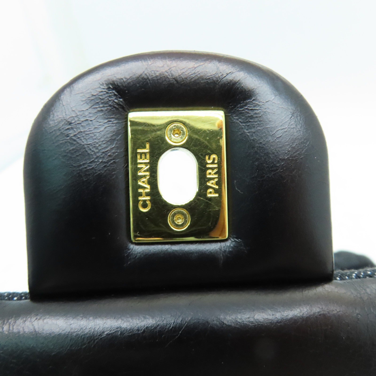 CHANEL 菱格牛仔布/皮革Chain Shoulder金扣鏈帶肩背袋黑色