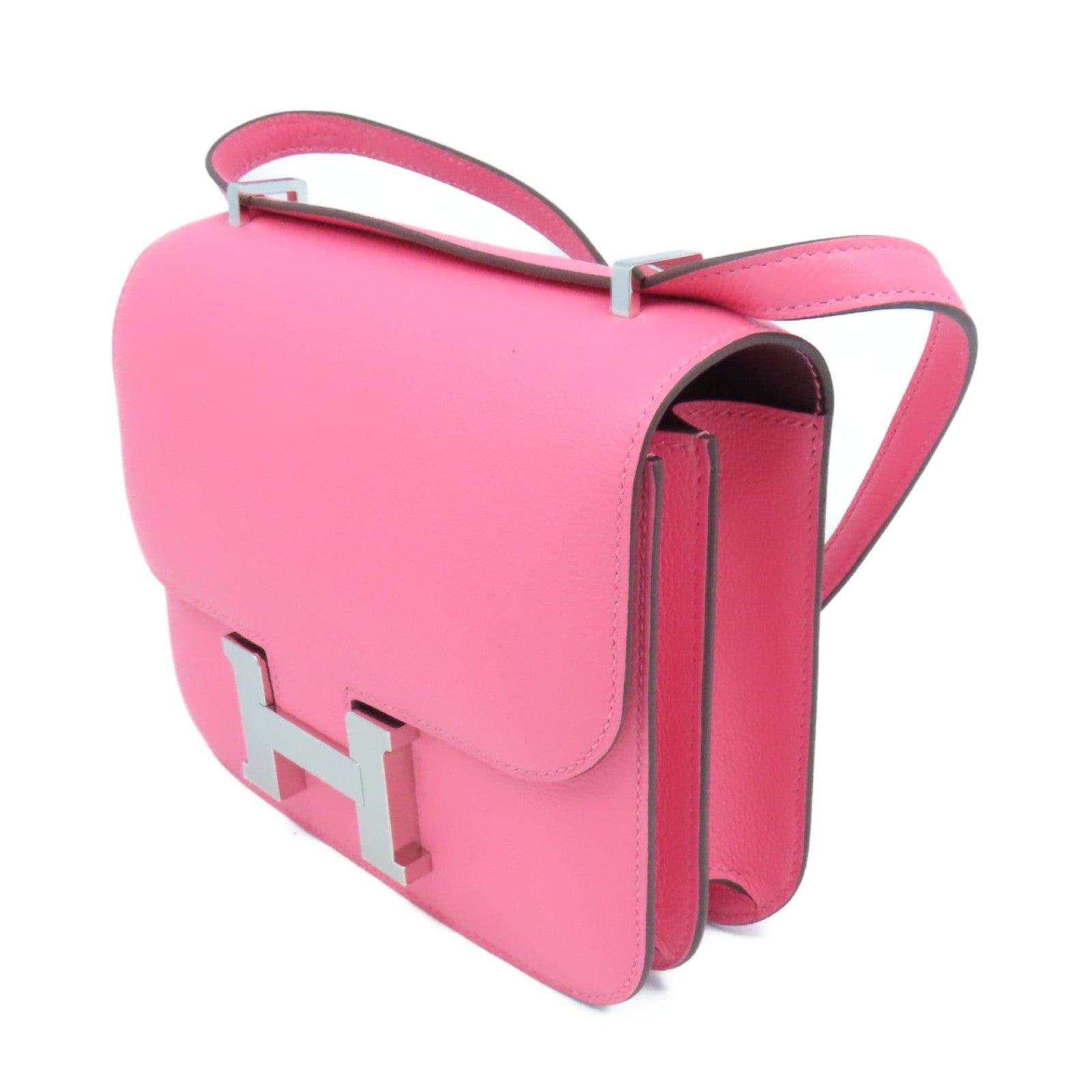 HERMES Evercolor皮革Constance Mini銀扣肩背袋Rose Azalee粉紅色