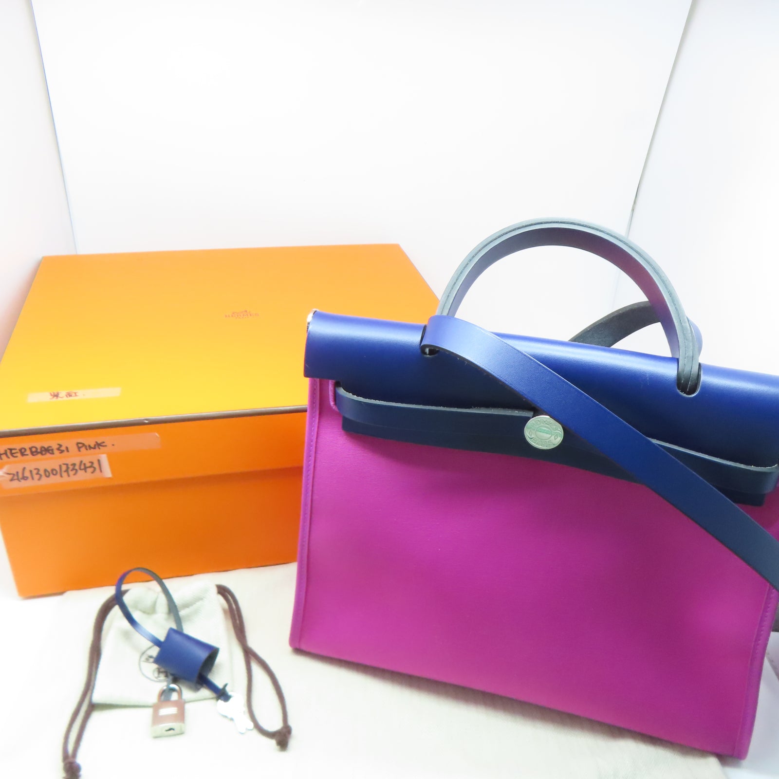 HERMES 帆布/皮革Herbag PM銀扣手挽肩背兩用袋紫色/深藍色