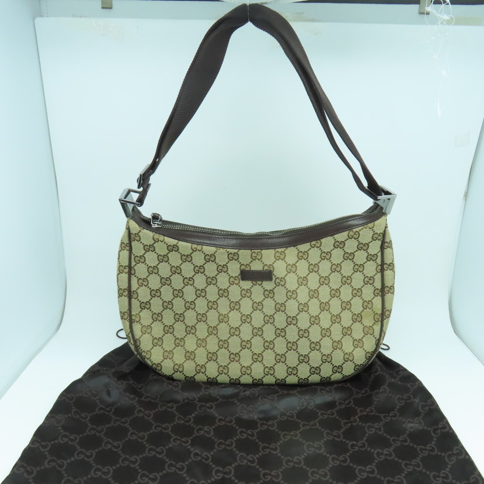 GUCCI GG帆布Shoulder Bag銀扣肩背袋啡色