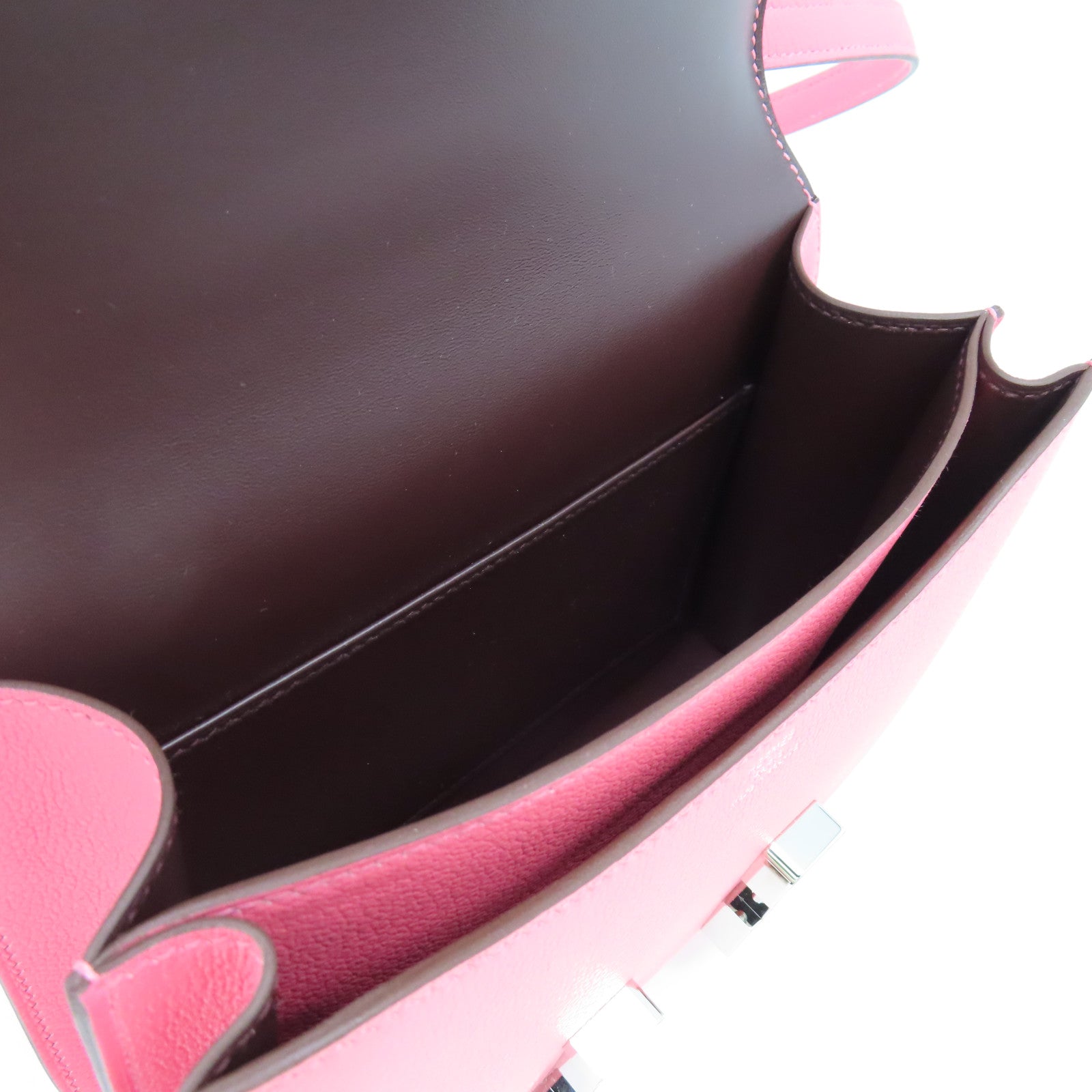 HERMES Evercolor皮革Constance Mini銀扣肩背袋Rose Azalee粉紅色