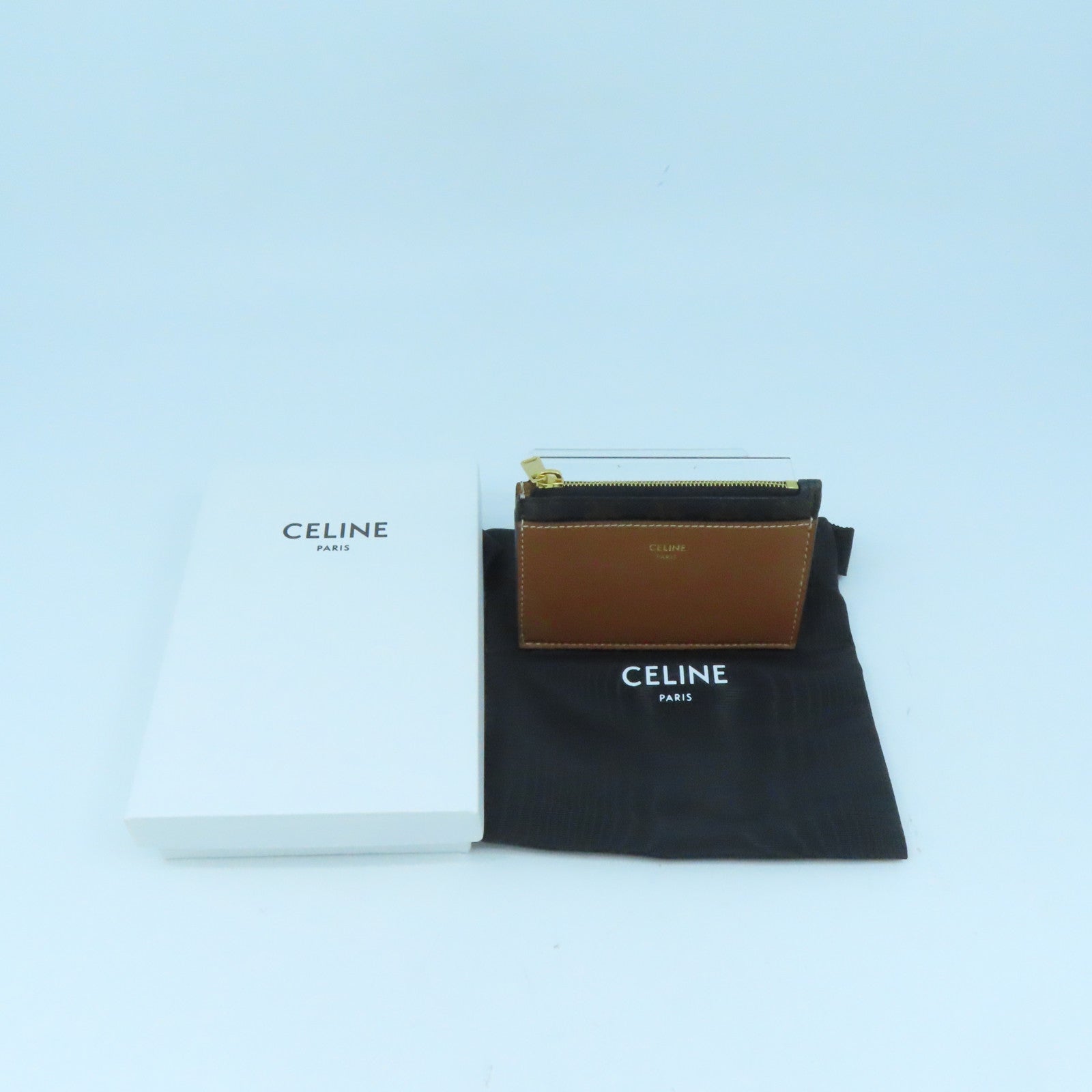 CELINE Coated Canvas Zipped Card Holder Gold Buckle Card Holder Brown
