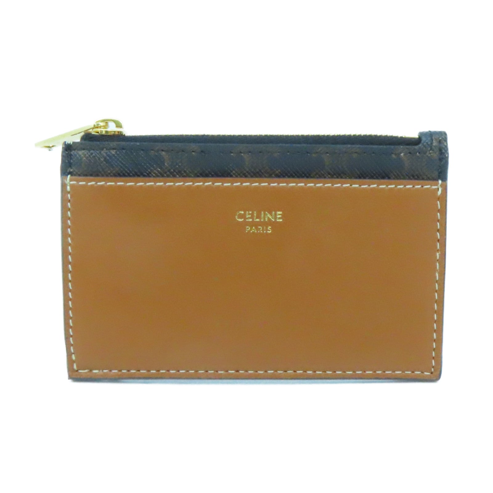CELINE Coated Canvas Zipped Card Holder Gold Buckle Card Holder Brown