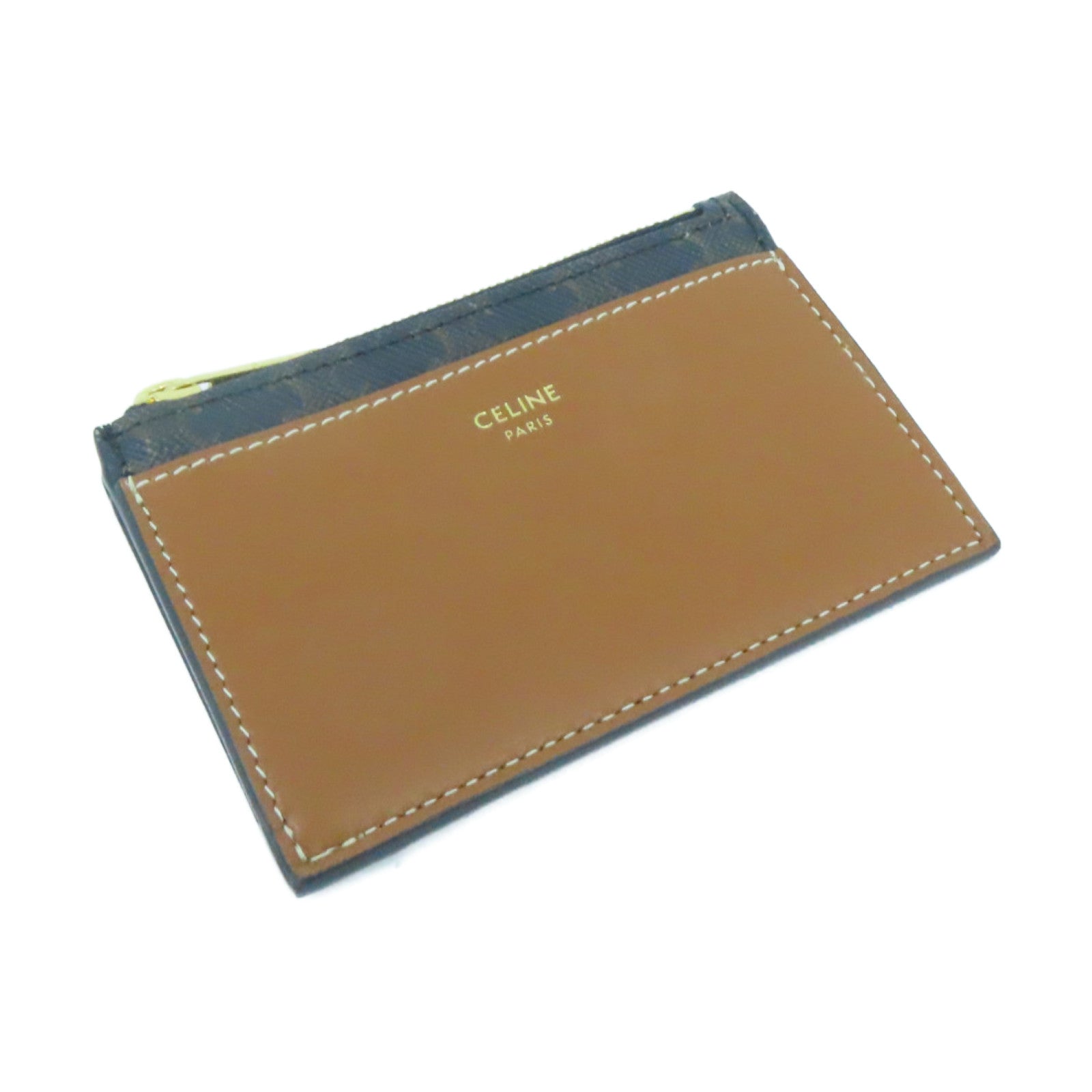 CELINE Coated Canvas Zipped Card Holder Gold Buckle Card Holder Brown