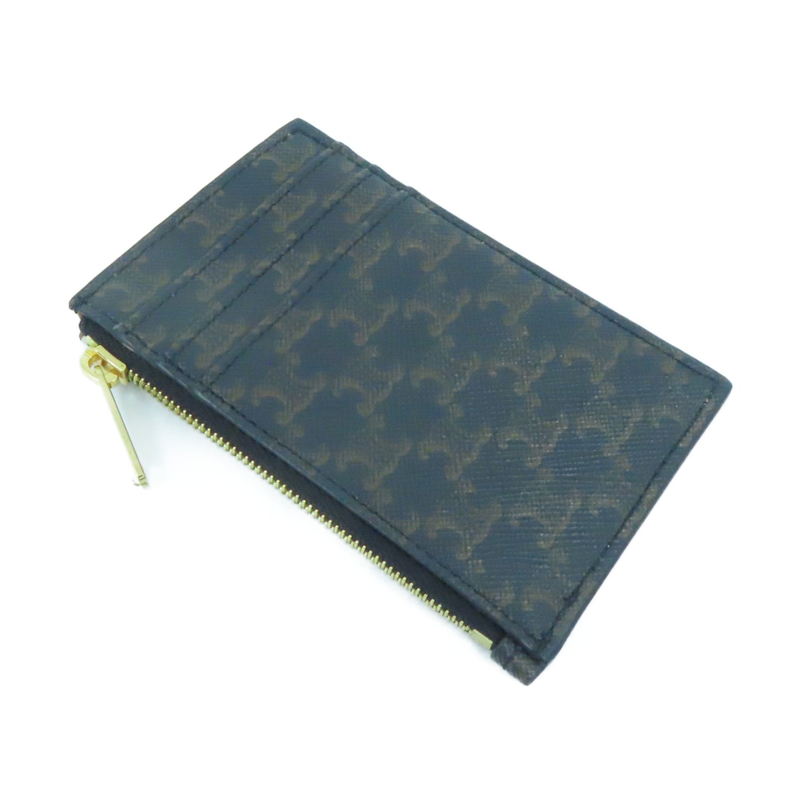 CELINE Coated Canvas Zipped Card Holder Gold Buckle Card Holder Brown