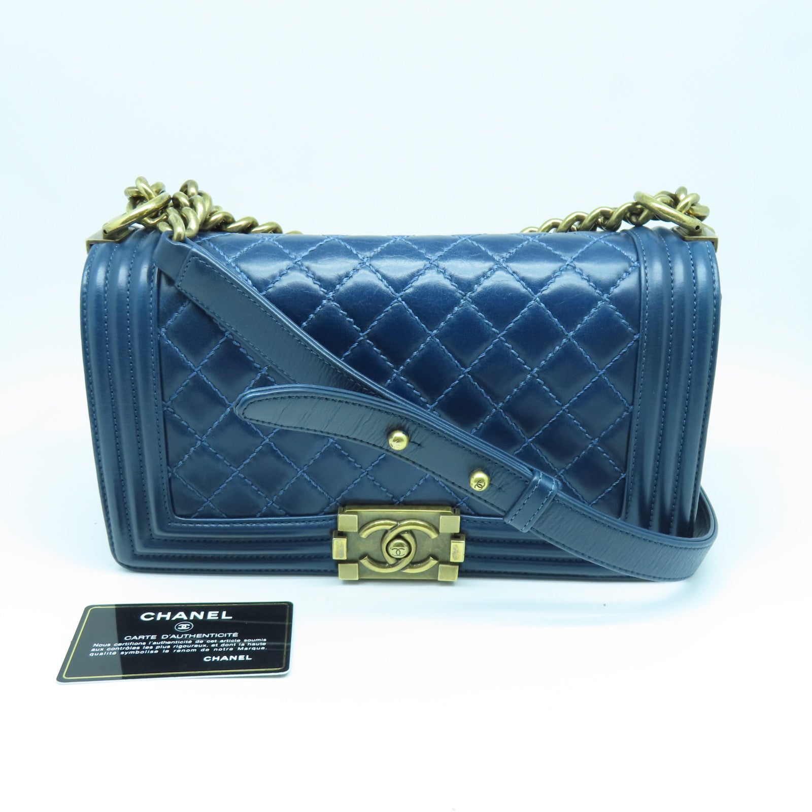 CHANEL 【激減優惠】菱格牛皮皮革Chain Shoulder金扣鏈帶肩背袋藍色