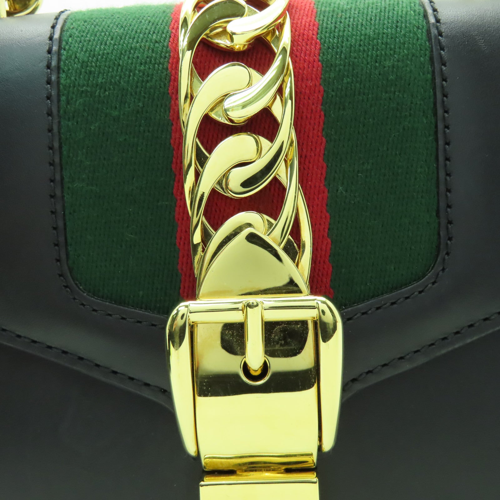 GUCCI 牛皮皮革Sylvie Mini金扣鏈帶肩背袋黑色