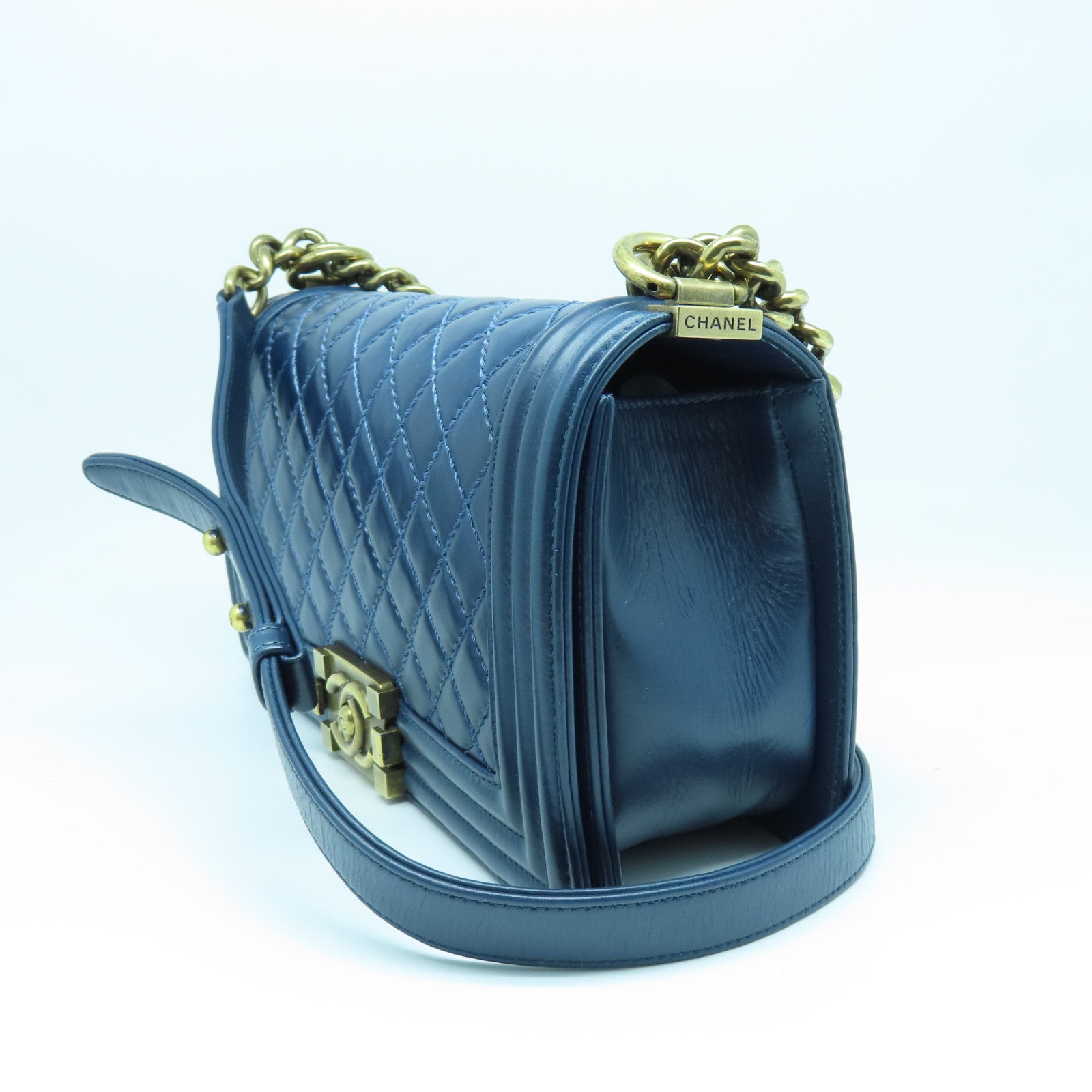 CHANEL 【激減優惠】菱格牛皮皮革Chain Shoulder金扣鏈帶肩背袋藍色