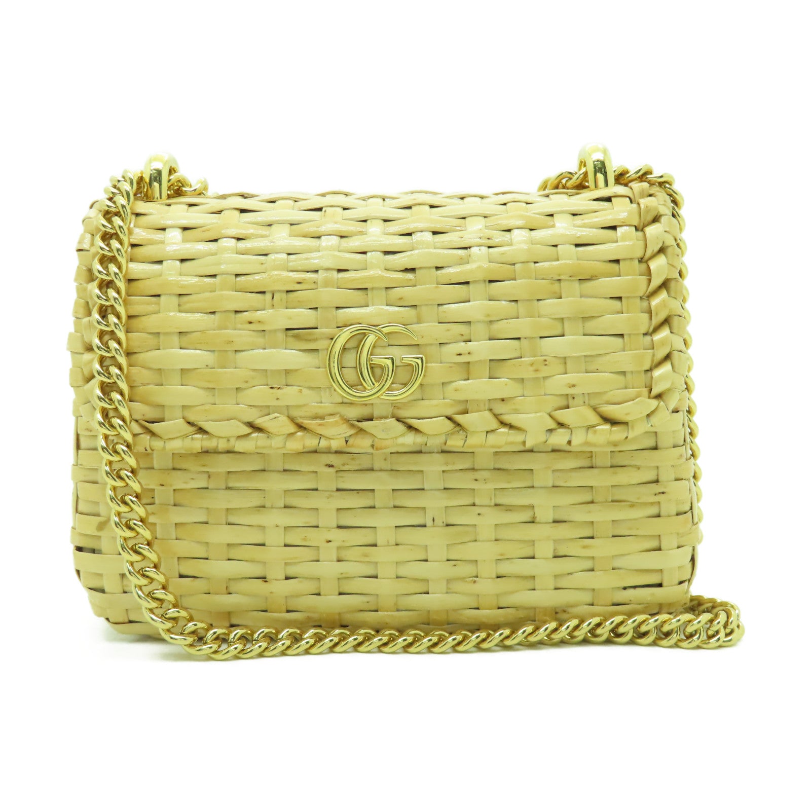 GUCCI 藤料/帆布Shoulder Bag金扣鏈帶肩背袋米色