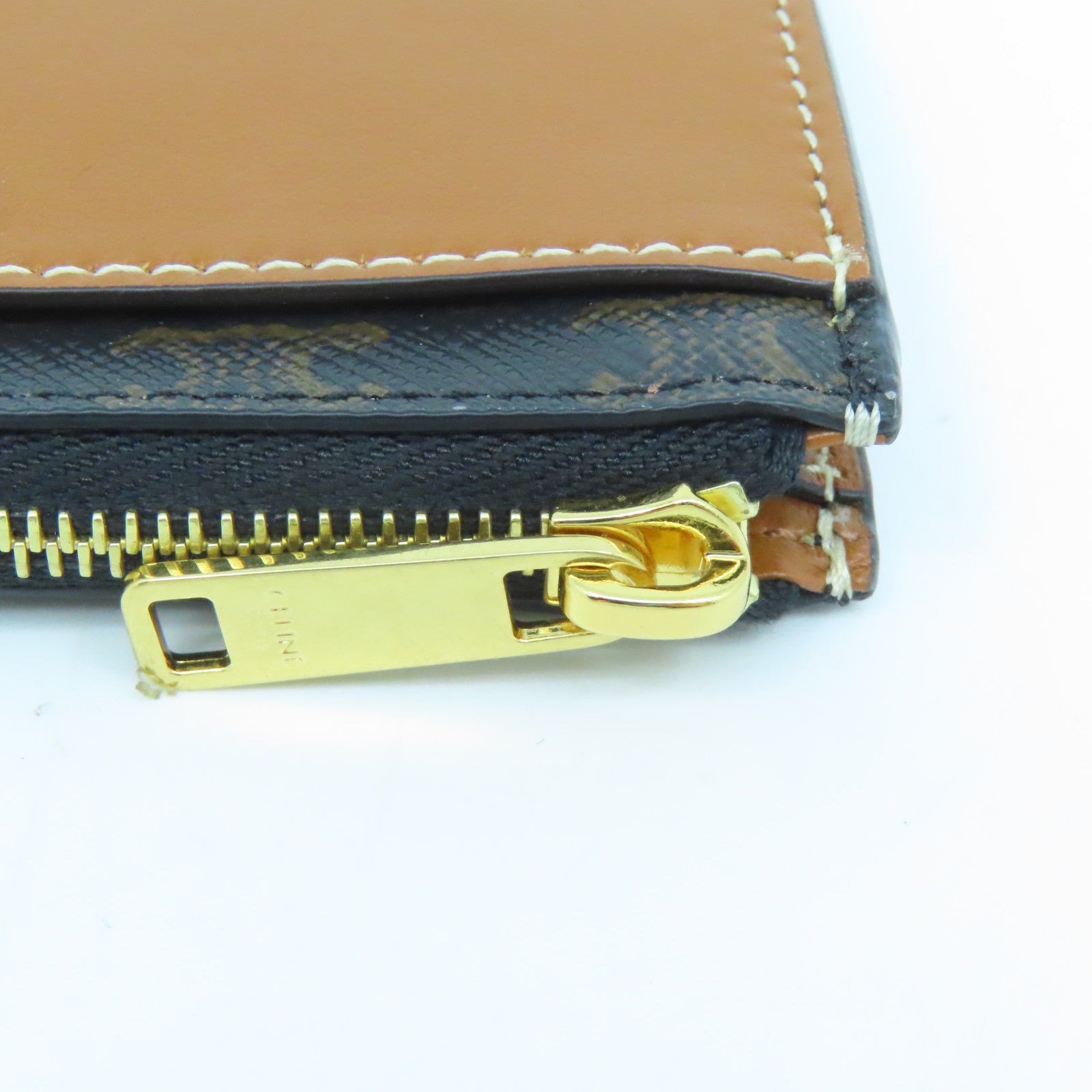 CELINE Coated Canvas Zipped Card Holder Gold Buckle Card Holder Brown