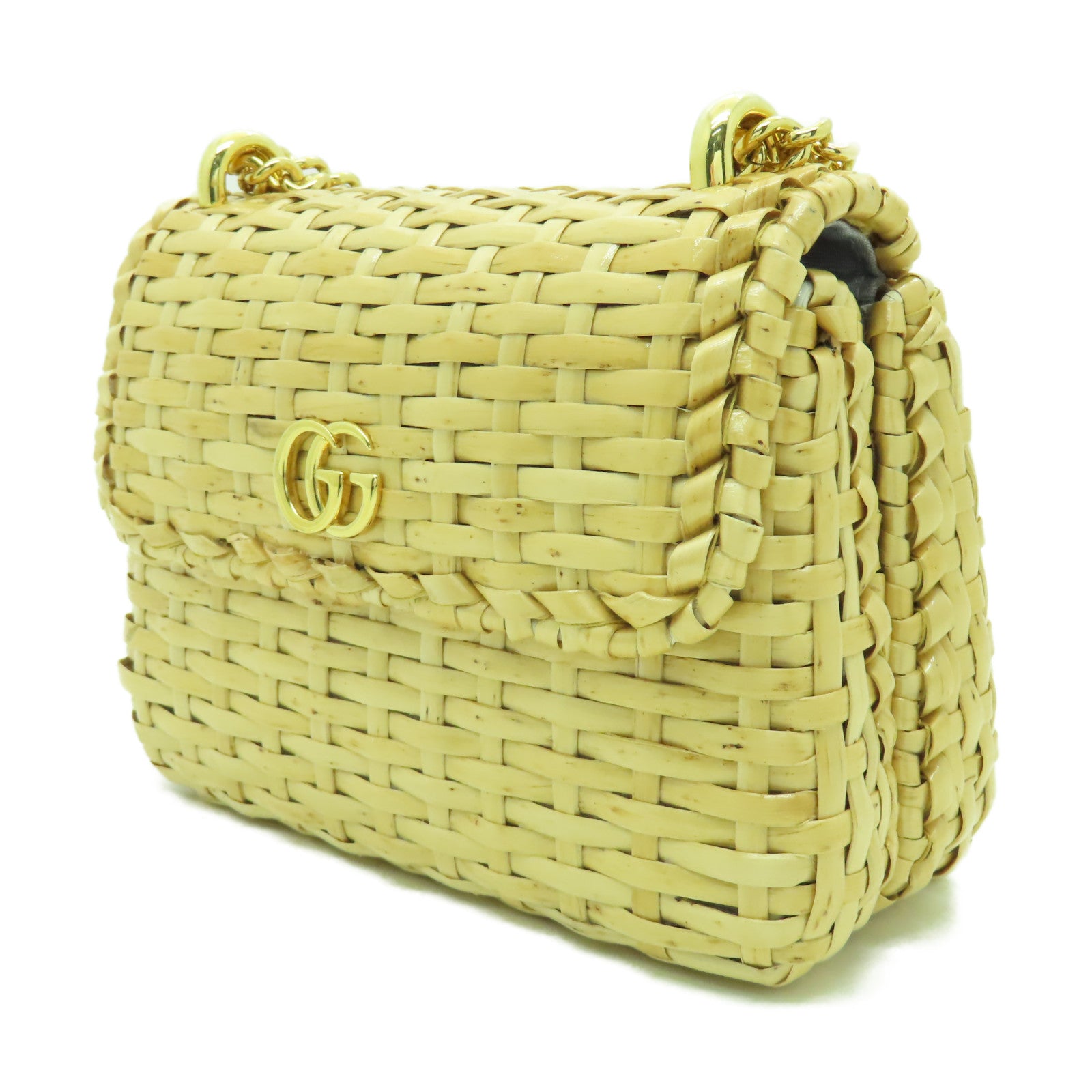 GUCCI 藤料/帆布Shoulder Bag金扣鏈帶肩背袋米色
