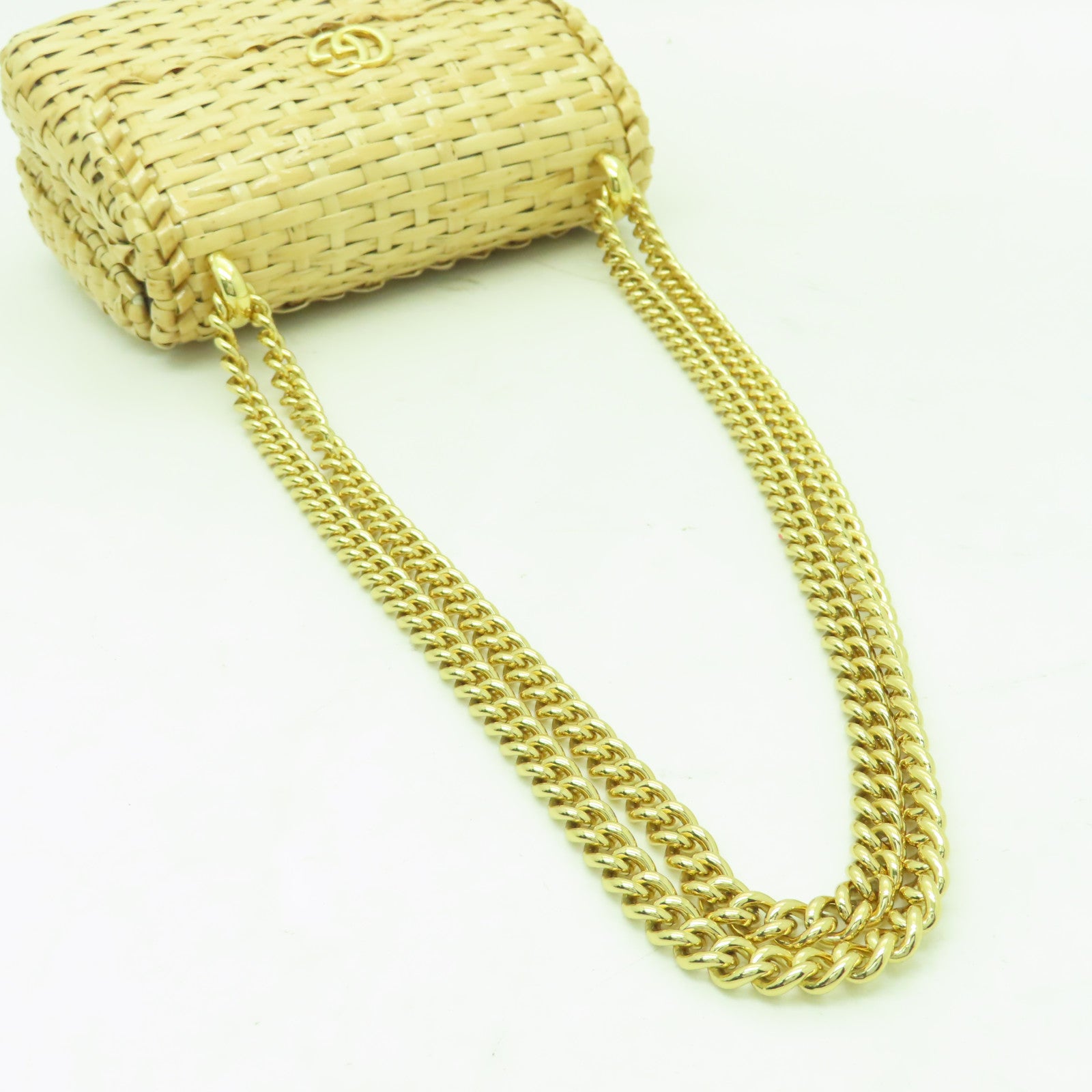 GUCCI 藤料/帆布Shoulder Bag金扣鏈帶肩背袋米色