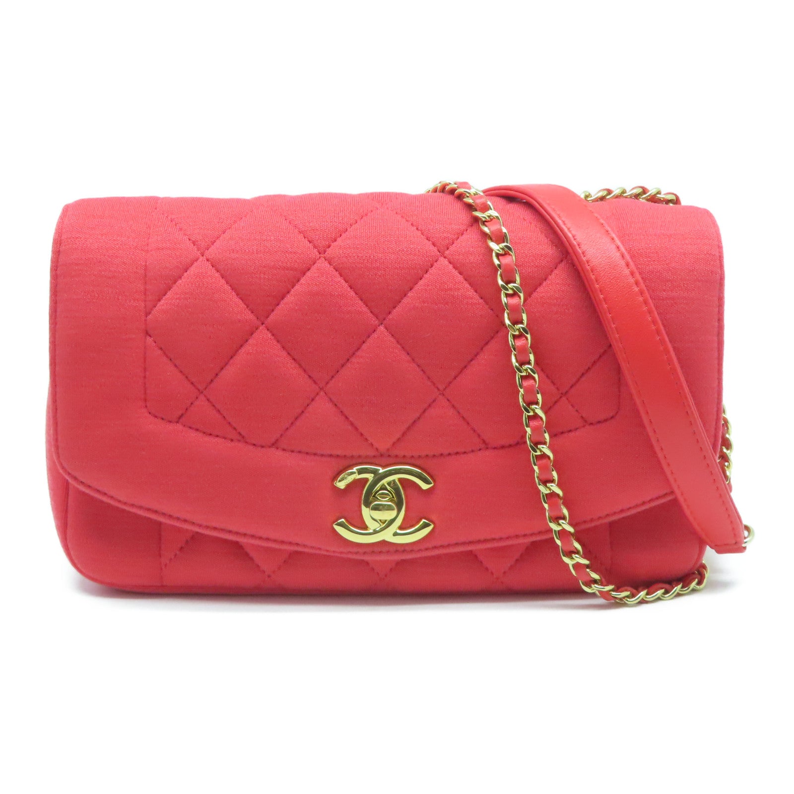 CHANEL 菱格布料Chain Shoulder Bag金扣鏈帶肩背袋紅色