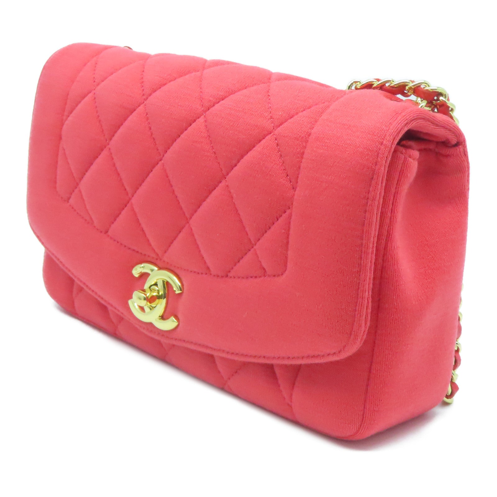 CHANEL 菱格布料Chain Shoulder Bag金扣鏈帶肩背袋紅色