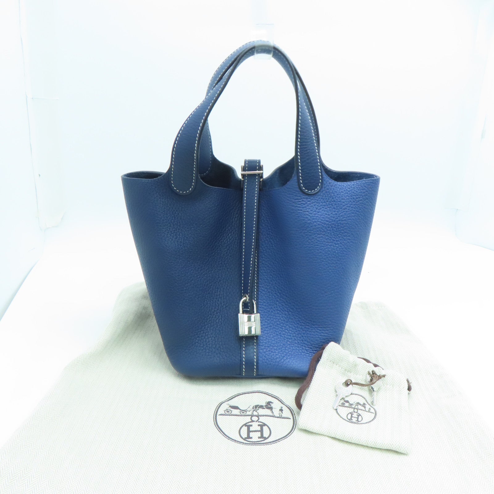 HERMES Clemence Leather Picotin PM Silver Buckle Handle Bag Sapphire/Bright Blue