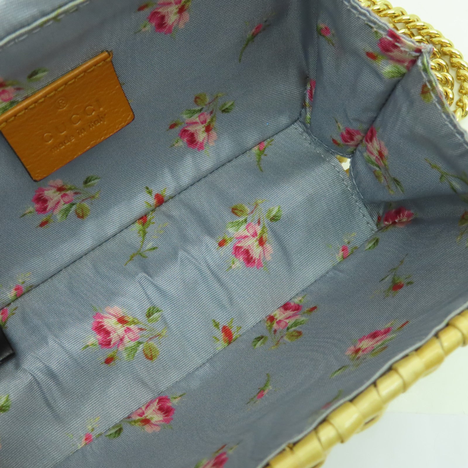 GUCCI 藤料/帆布Shoulder Bag金扣鏈帶肩背袋米色