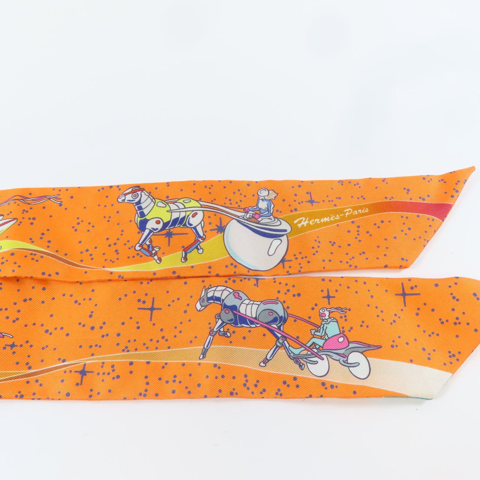 HERMES 絲質Twilly絲巾橙色/藍色/白色