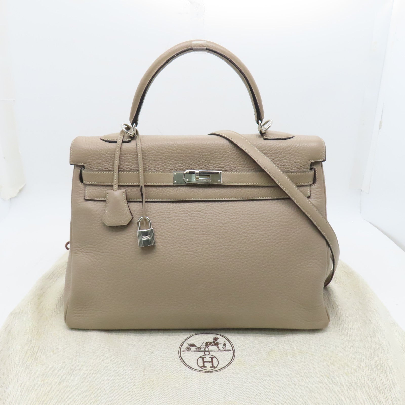 HERMES Togo Leather Kelly 35 Silver Buckle Handle Bag Beige