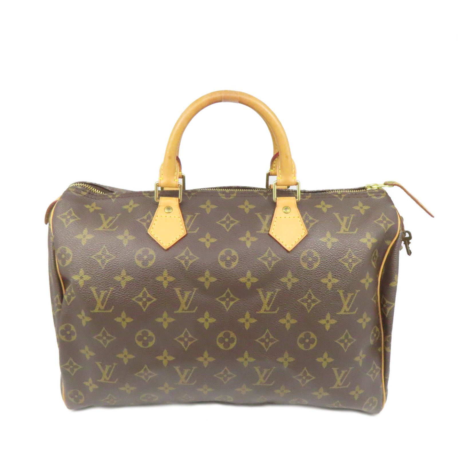 LOUIS VUITTON Monogram Speedy 35 Gold Buckle Handle Bag Brown