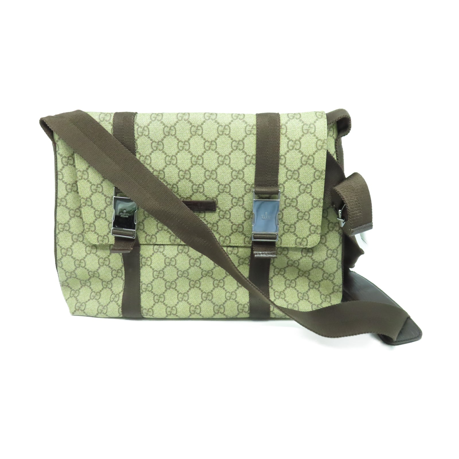 GUCCI 塗層帆布Shoulder Bag銀扣肩背袋棕色
