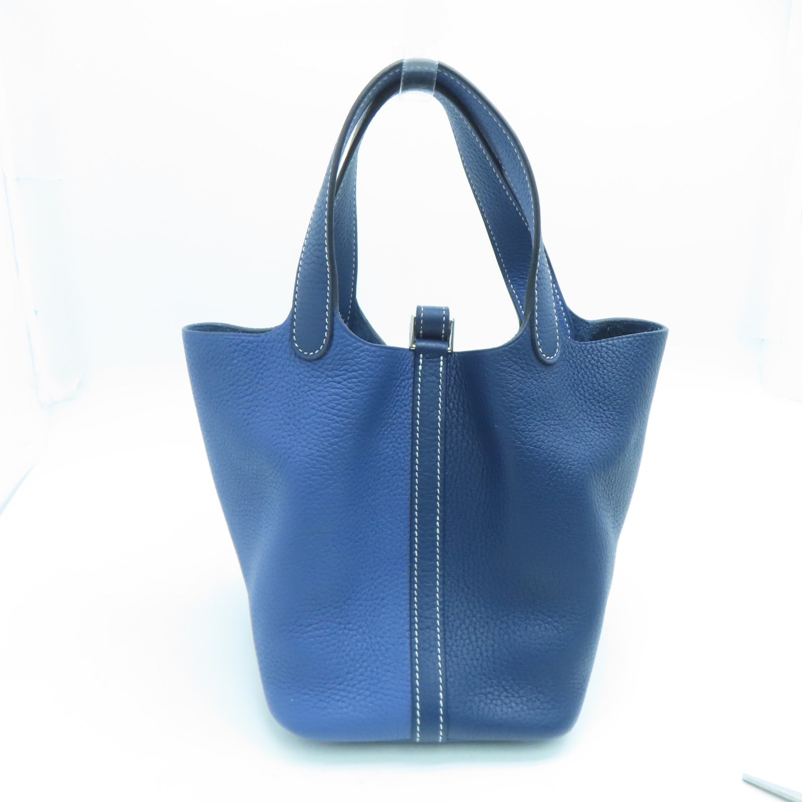 HERMES Clemence Leather Picotin PM Silver Buckle Handle Bag Sapphire/Bright Blue