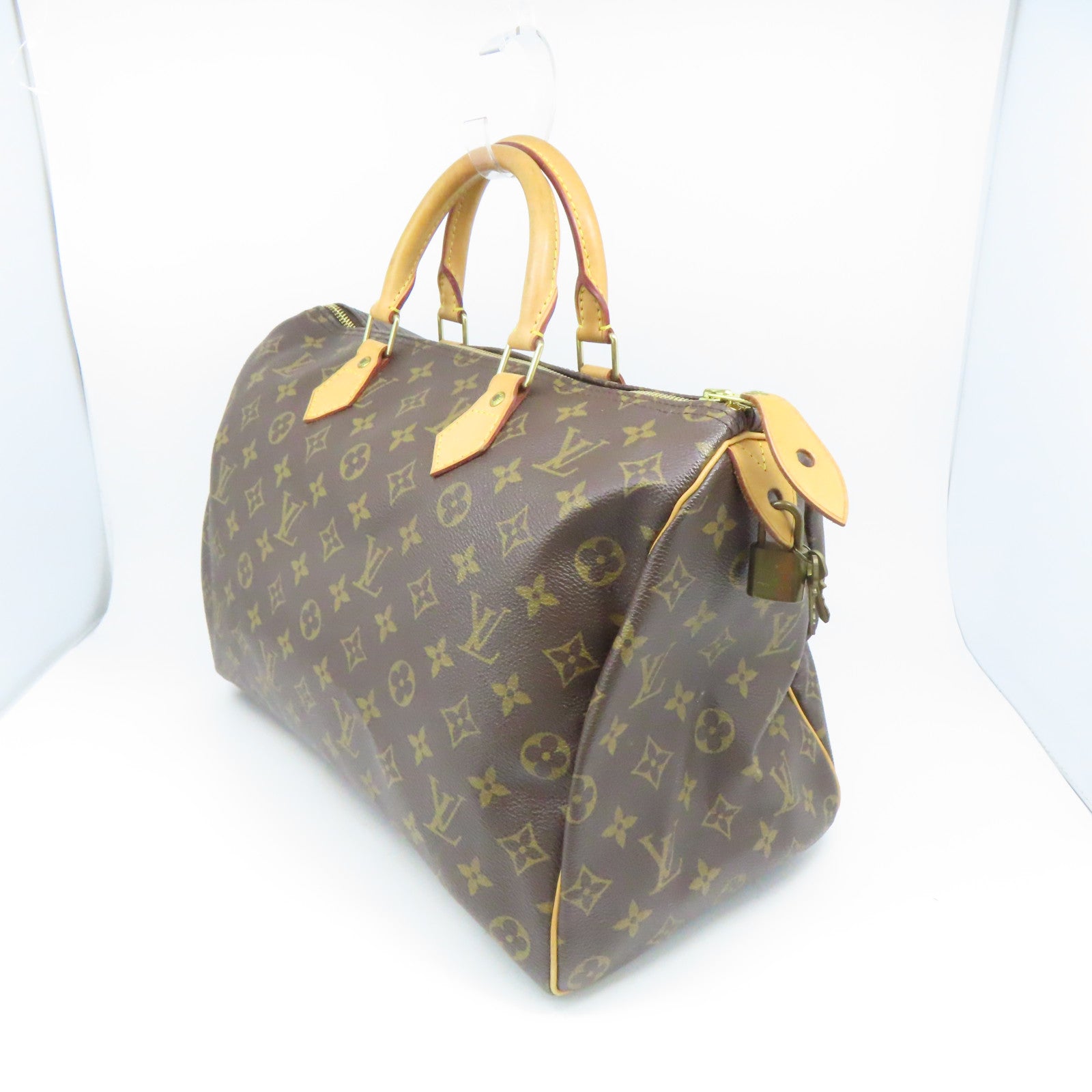 LOUIS VUITTON Monogram Speedy 35 Gold Buckle Handle Bag Brown