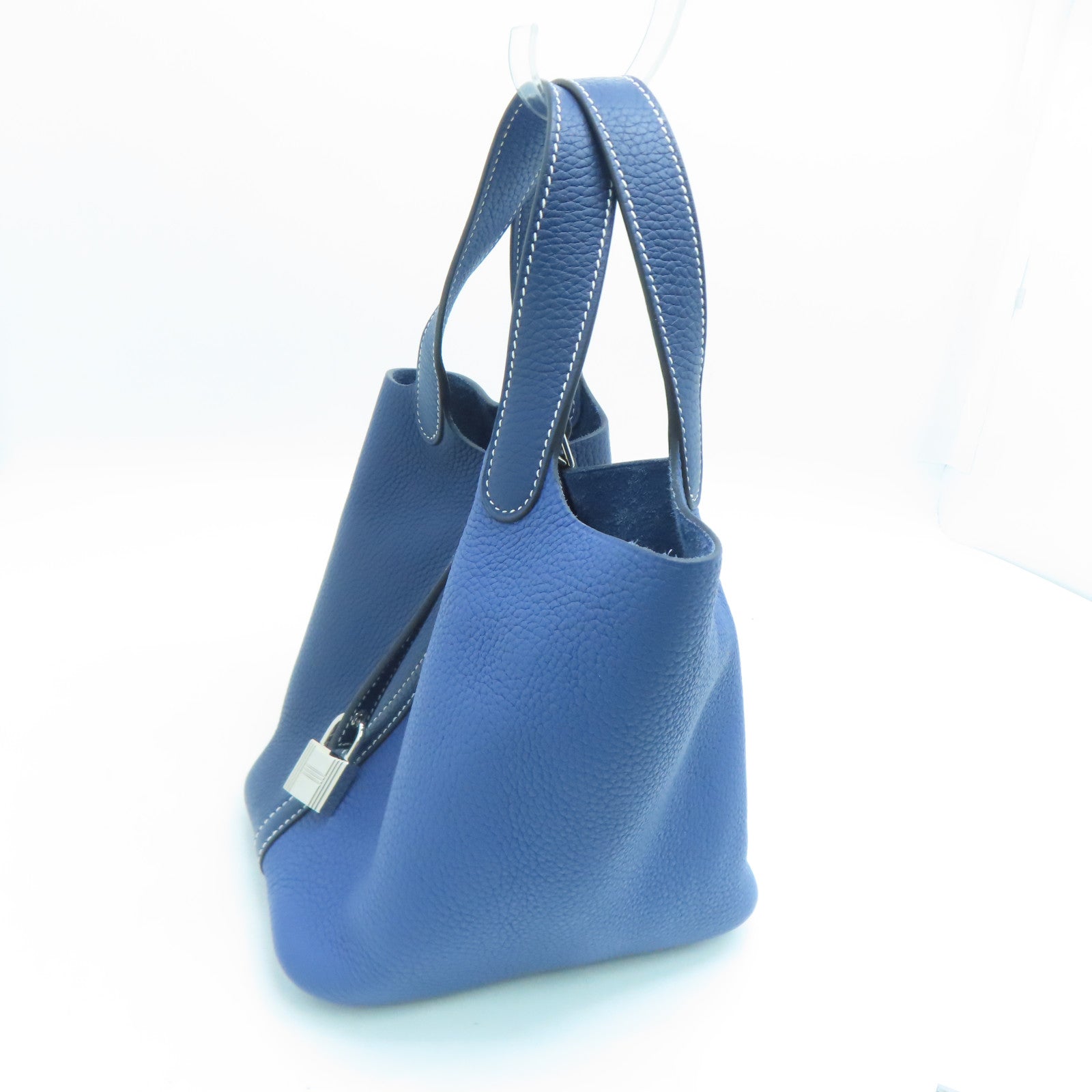 HERMES Clemence Leather Picotin PM Silver Buckle Handle Bag Sapphire/Bright Blue