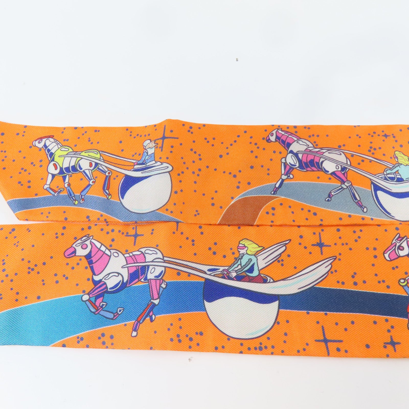HERMES 絲質Twilly絲巾橙色/藍色/白色
