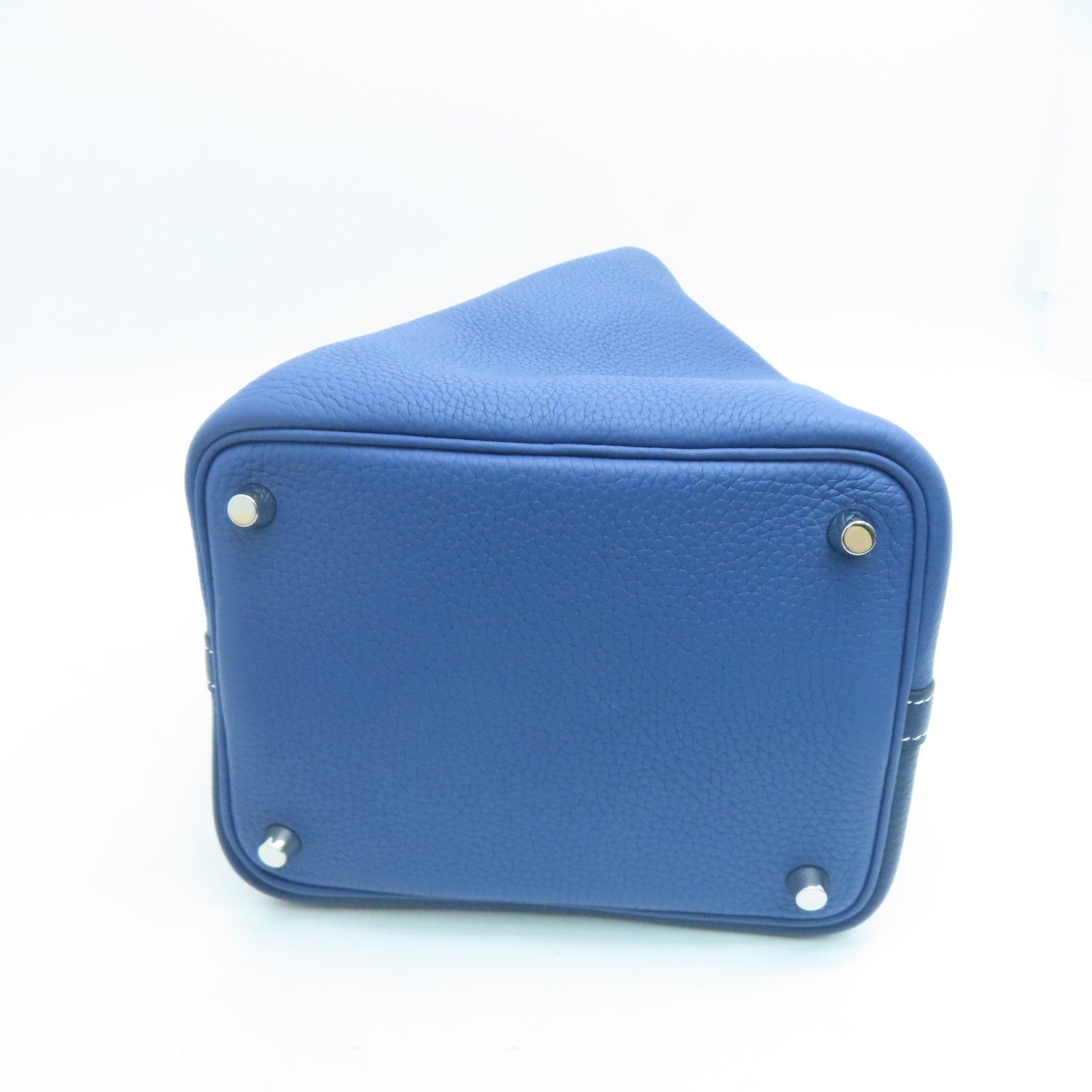 HERMES Clemence Leather Picotin PM Silver Buckle Handle Bag Sapphire/Bright Blue