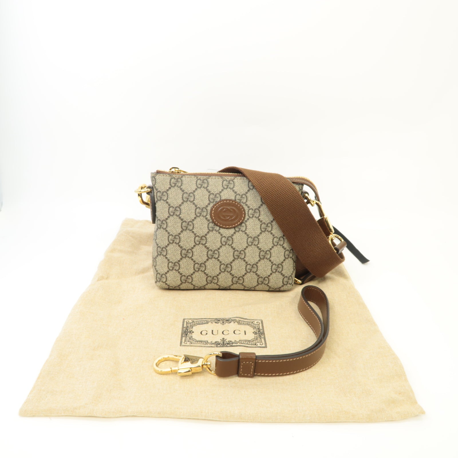 GUCCI 塗層帆布Shoulder Bag金扣肩背袋棕色