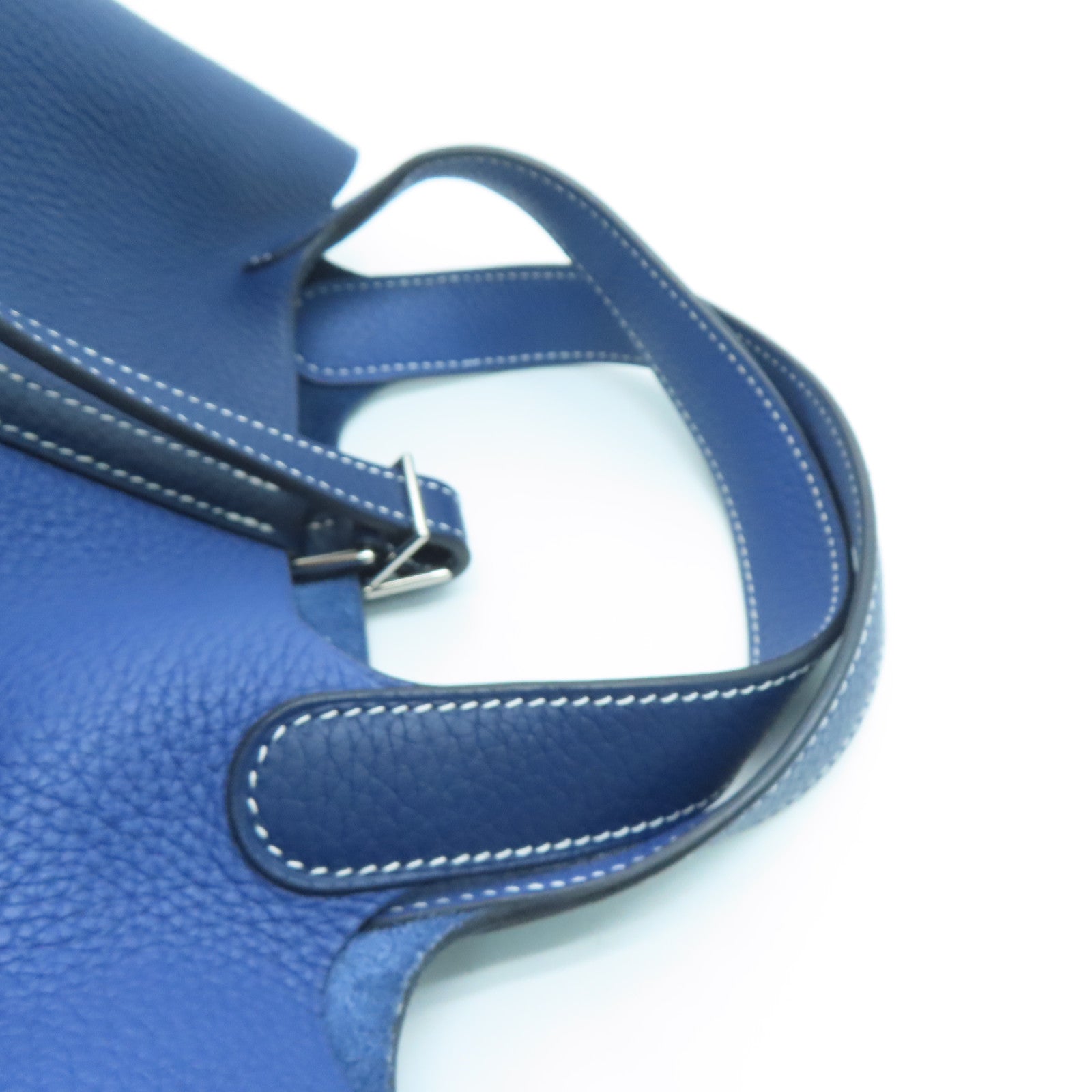 HERMES Clemence Leather Picotin PM Silver Buckle Handle Bag Sapphire/Bright Blue