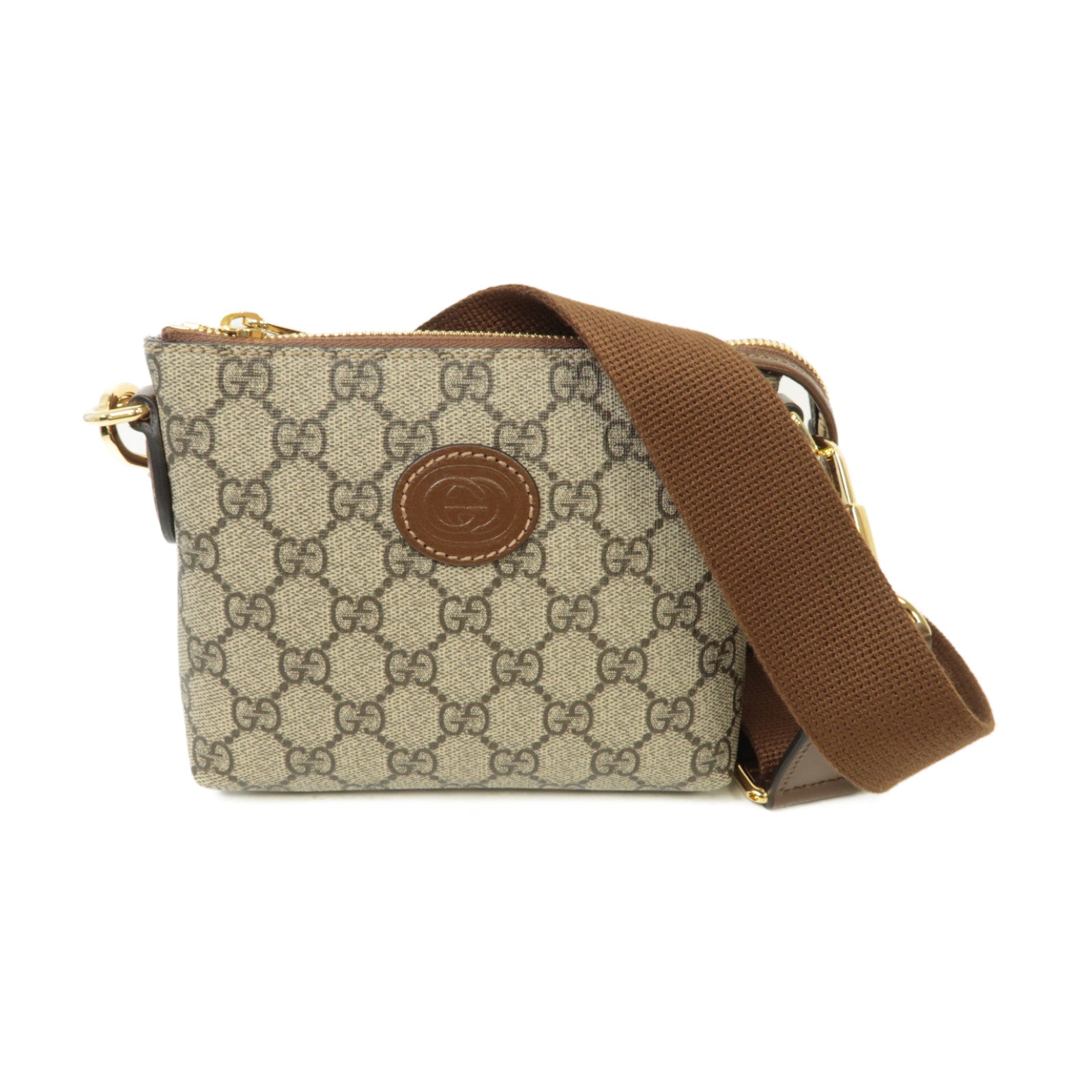 GUCCI 塗層帆布Shoulder Bag金扣肩背袋棕色