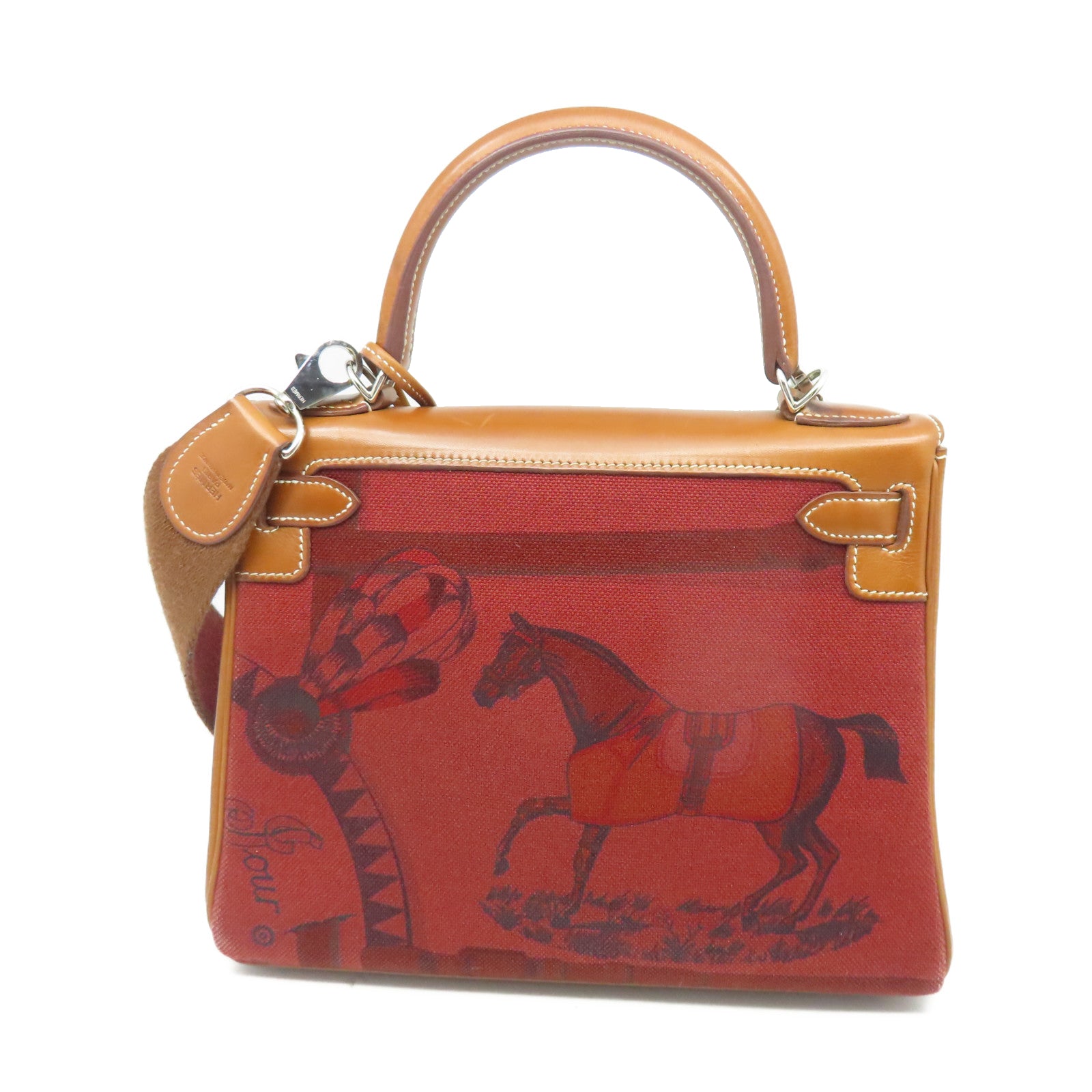 HERMES Canvas Retourne帆布/牛皮皮革Kelly 28 Limited Edition Of Horse銀扣手挽肩背兩用袋紅色/棕色