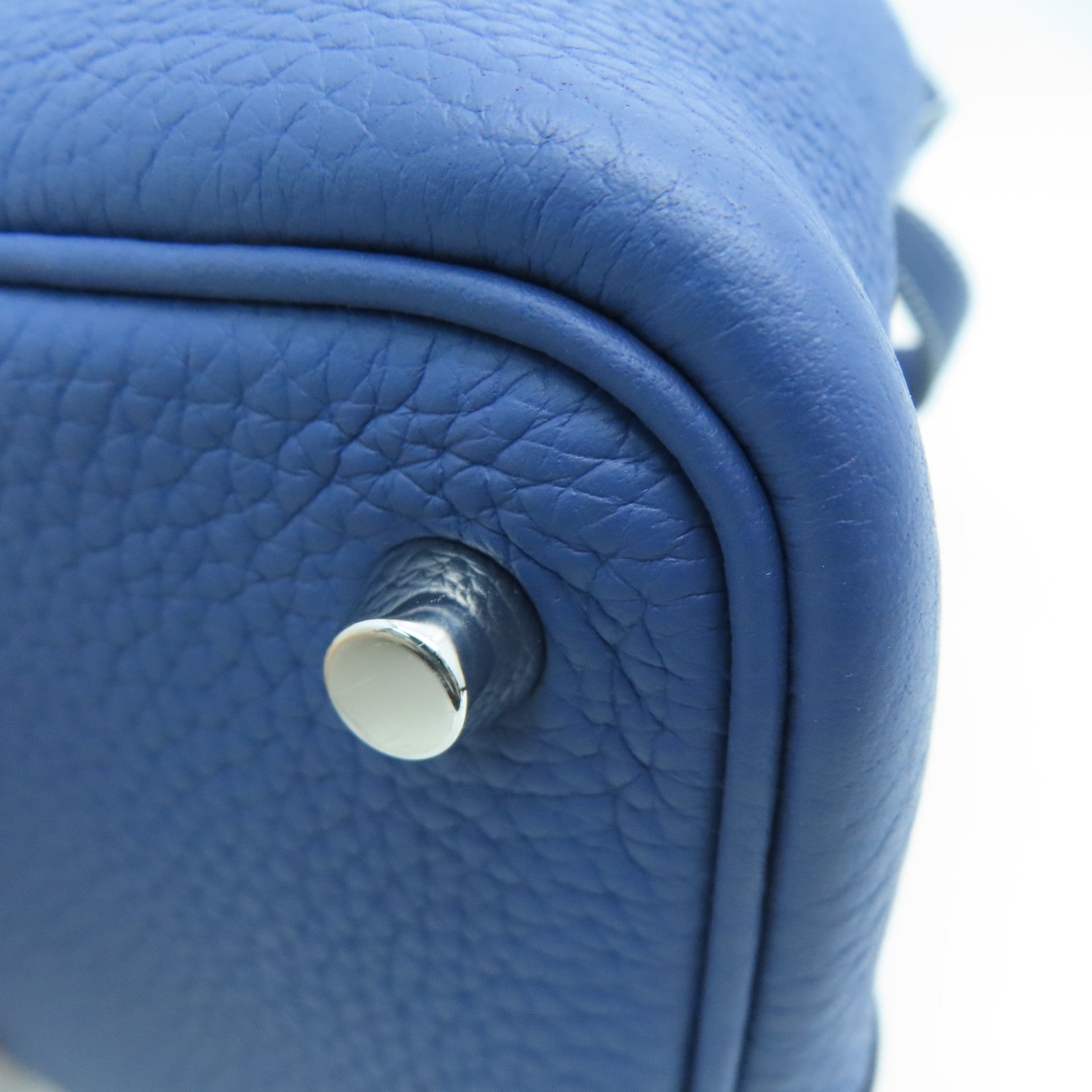 HERMES Clemence Leather Picotin PM Silver Buckle Handle Bag Sapphire/Bright Blue