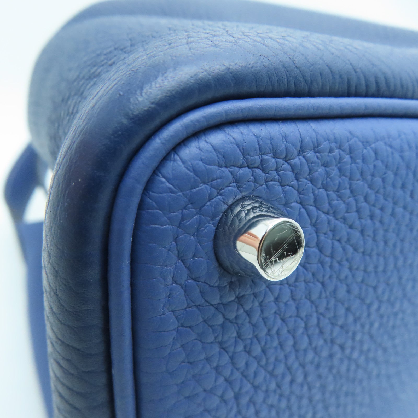 HERMES Clemence Leather Picotin PM Silver Buckle Handle Bag Sapphire/Bright Blue