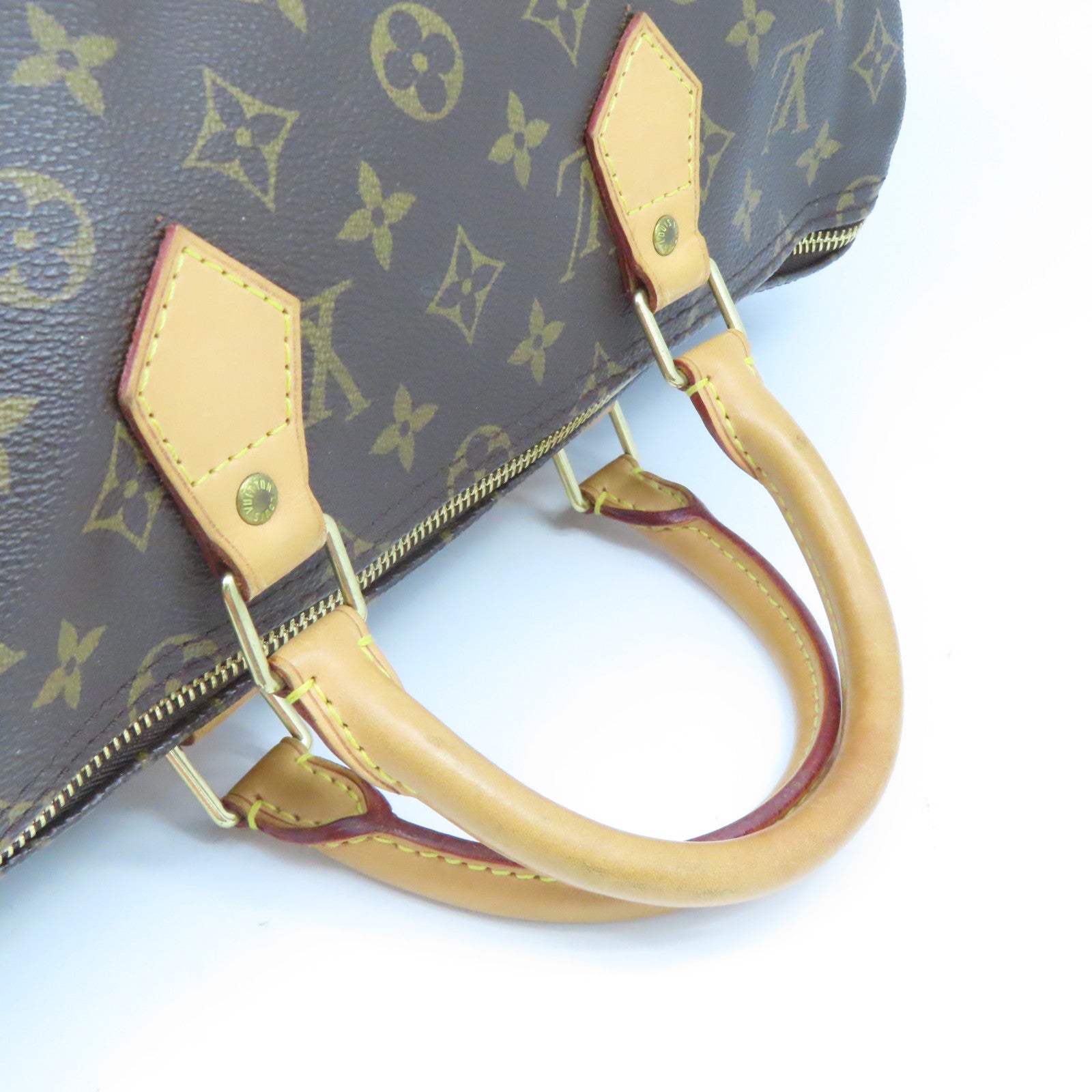 LOUIS VUITTON Monogram Speedy 35 Gold Buckle Handle Bag Brown