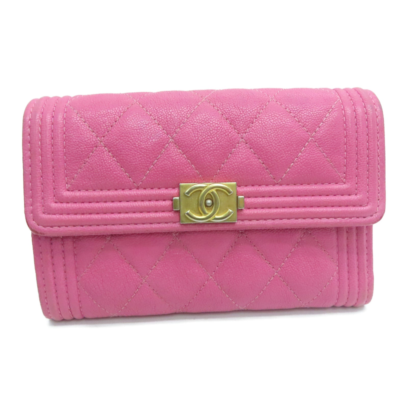 CHANEL 【激减优惠】菱格Caviar皮革Boy Chanel Flap Wallet金扣钱包粉红色