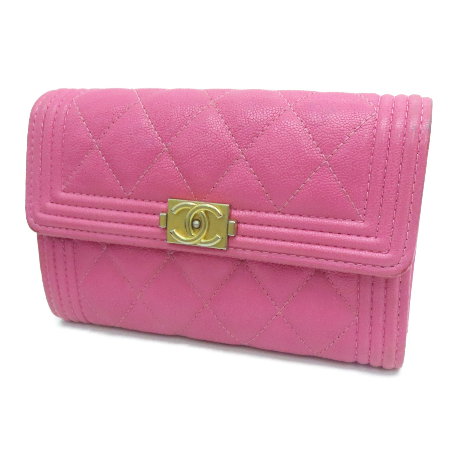 CHANEL 【激减优惠】菱格Caviar皮革Boy Chanel Flap Wallet金扣钱包粉红色