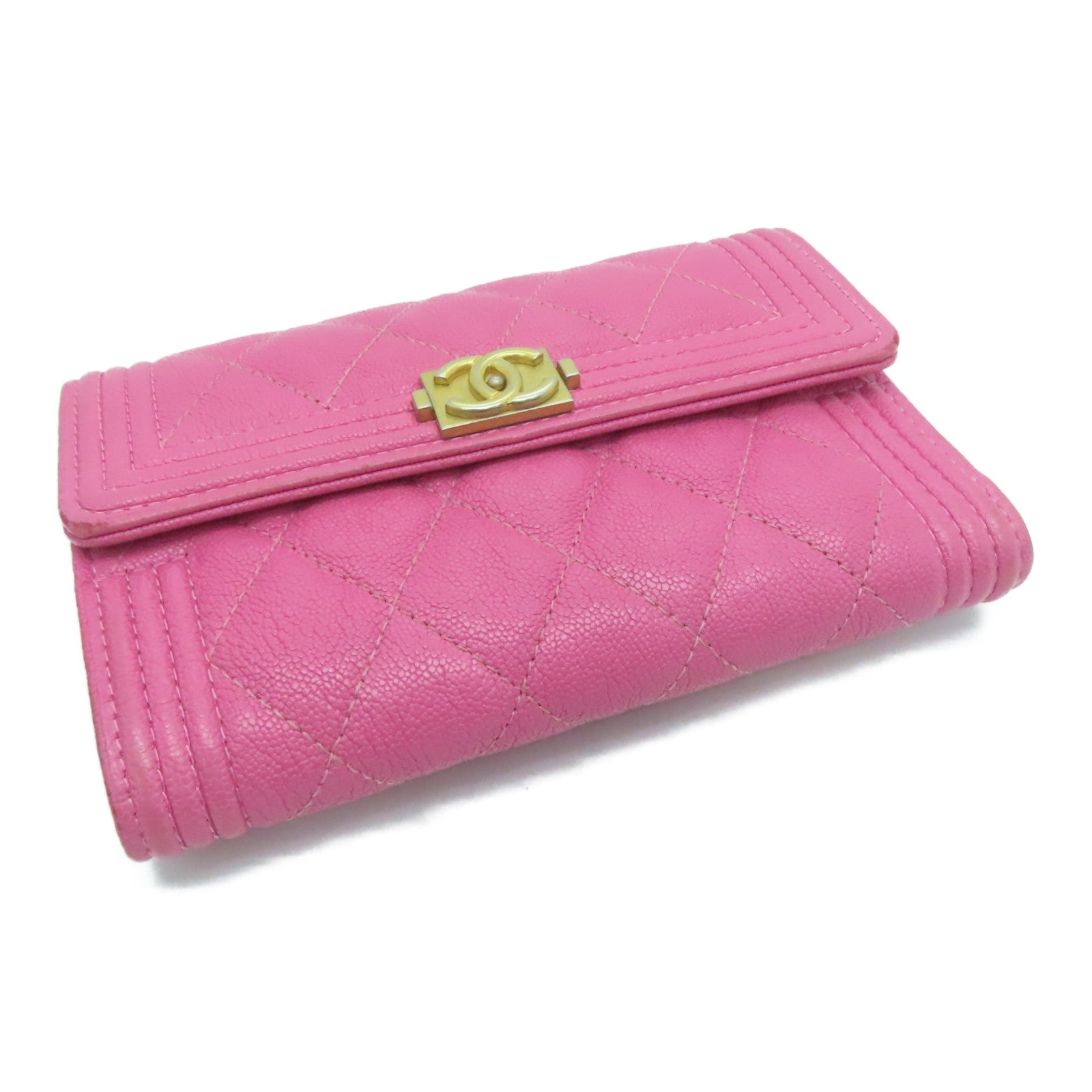 CHANEL 【激减优惠】菱格Caviar皮革Boy Chanel Flap Wallet金扣钱包粉红色