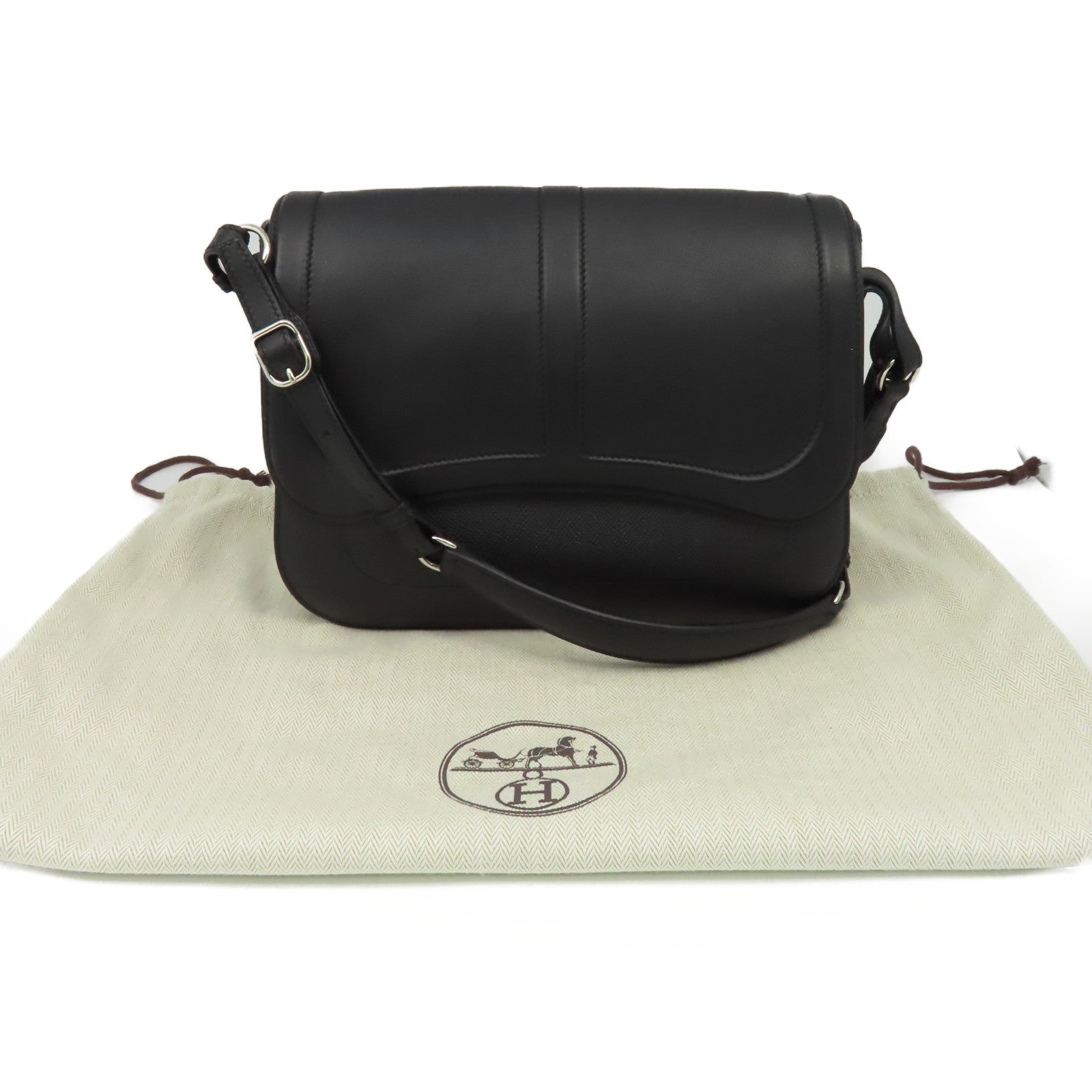 HERMES Swift皮革/Epsom皮革Harnais Shoulder Bag銀扣肩背袋黑色