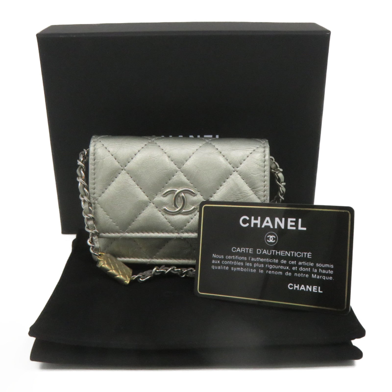 CHANEL 菱格羊皮皮革Chain Card Holder银扣卡片套银色