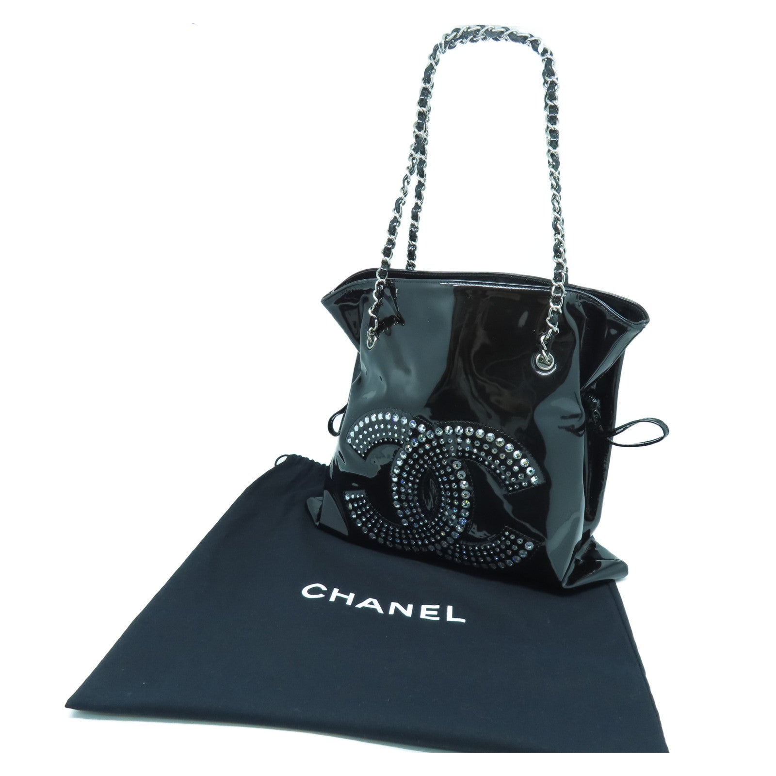 CHANEL 珐琅Chain Shoulder银扣链带肩背袋黑色