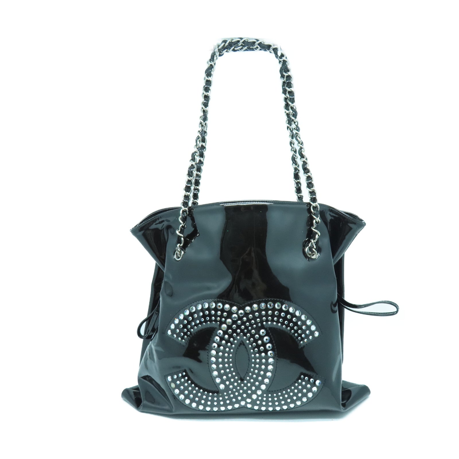 CHANEL 珐琅Chain Shoulder银扣链带肩背袋黑色