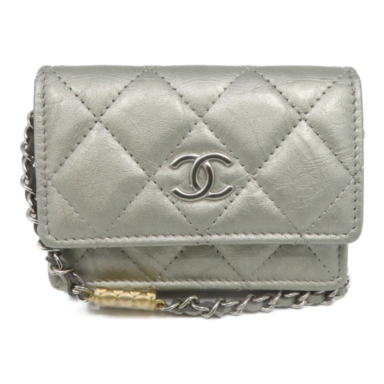 CHANEL 菱格羊皮皮革Chain Card Holder银扣卡片套银色