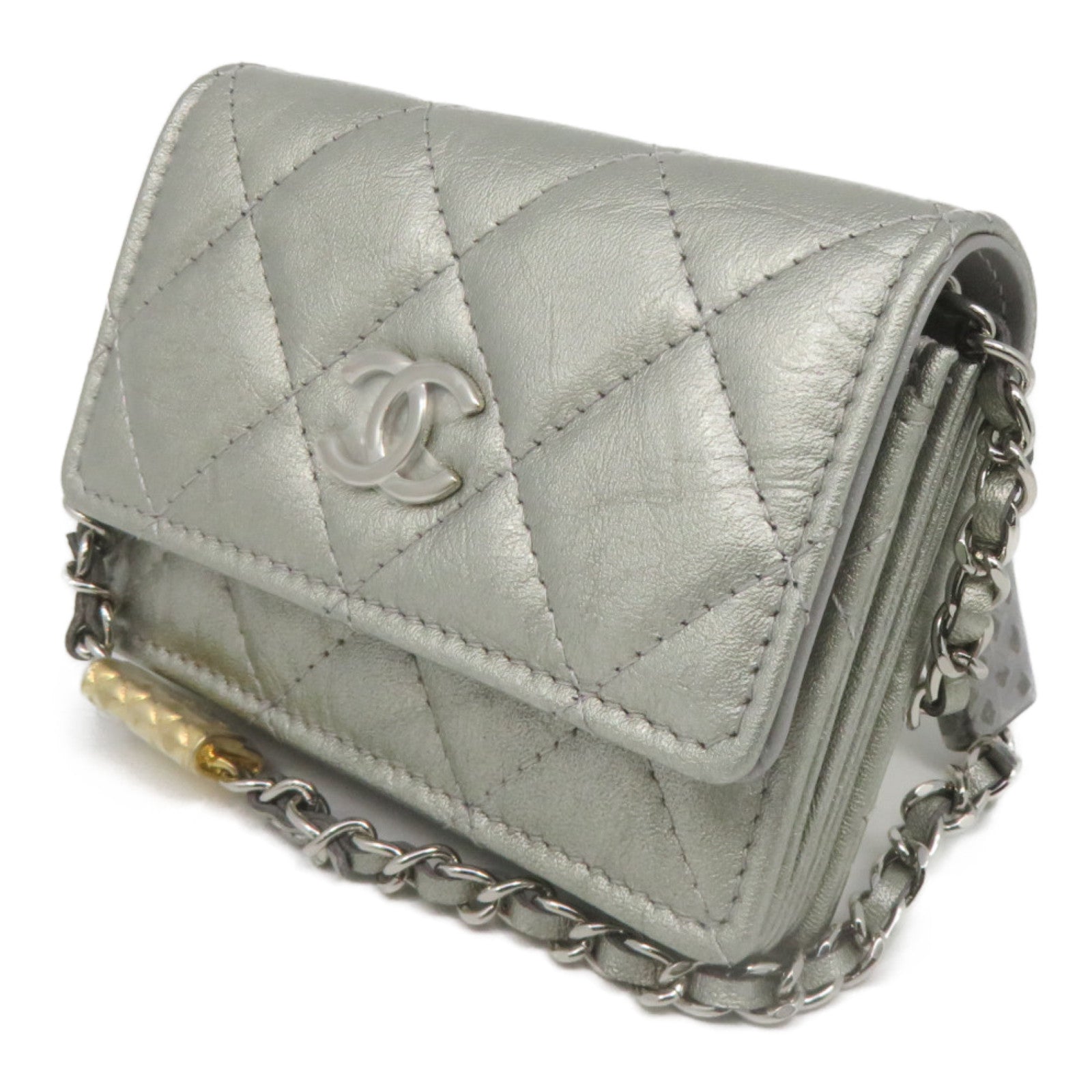 CHANEL 菱格羊皮皮革Chain Card Holder银扣卡片套银色
