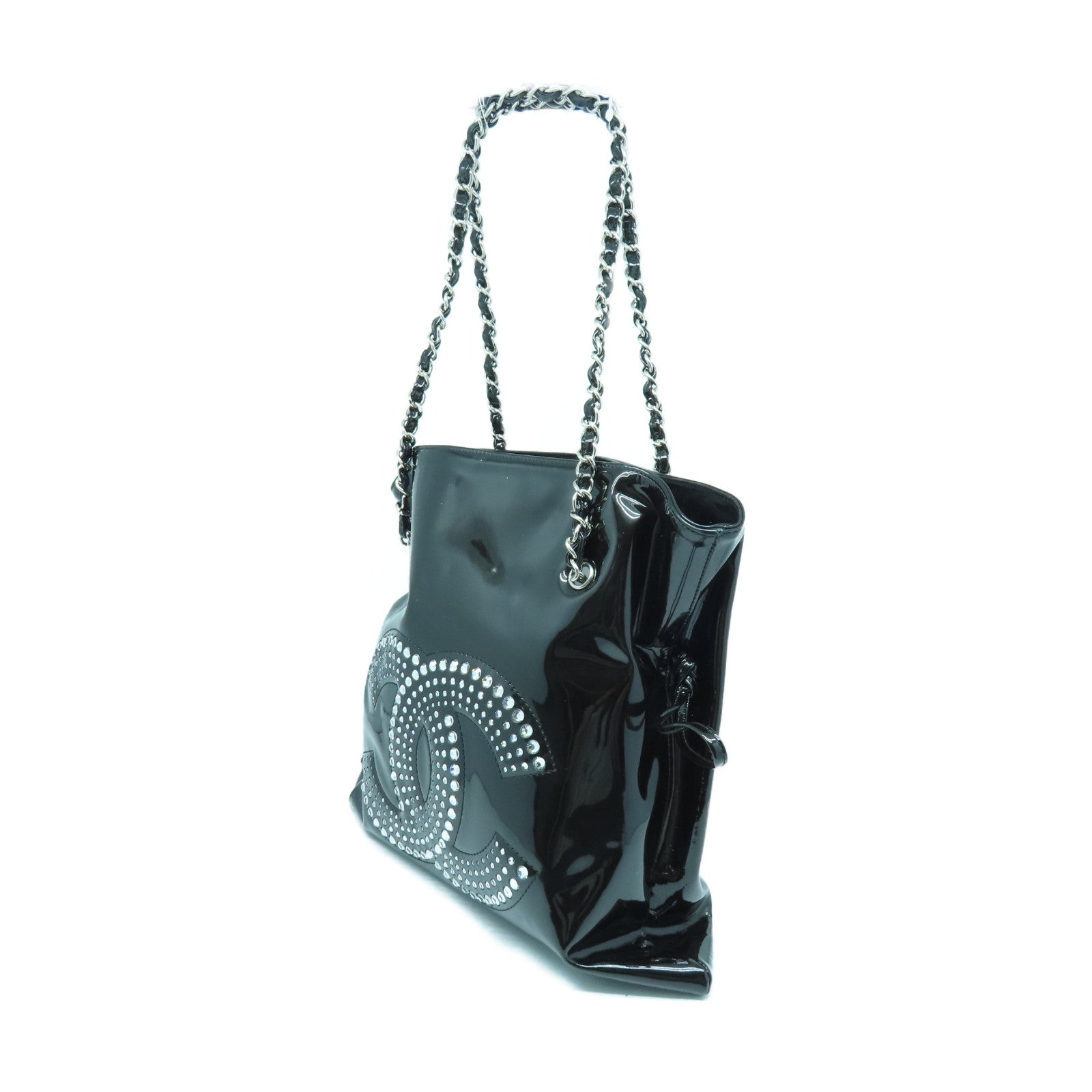 CHANEL 珐琅Chain Shoulder银扣链带肩背袋黑色