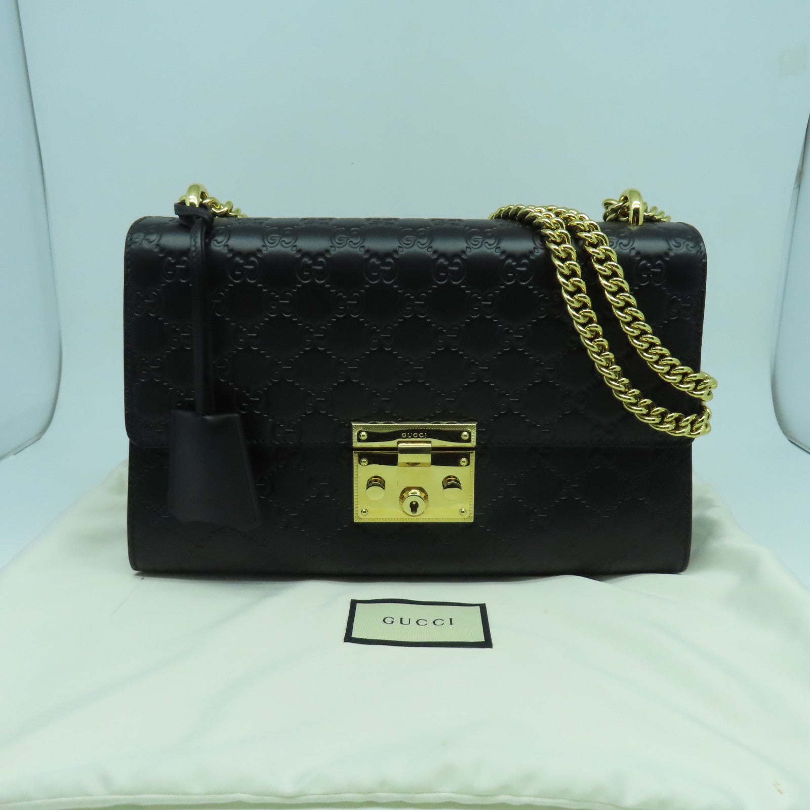 GUCCI 牛皮皮革Shoulder Bag金扣鏈帶肩背袋黑色