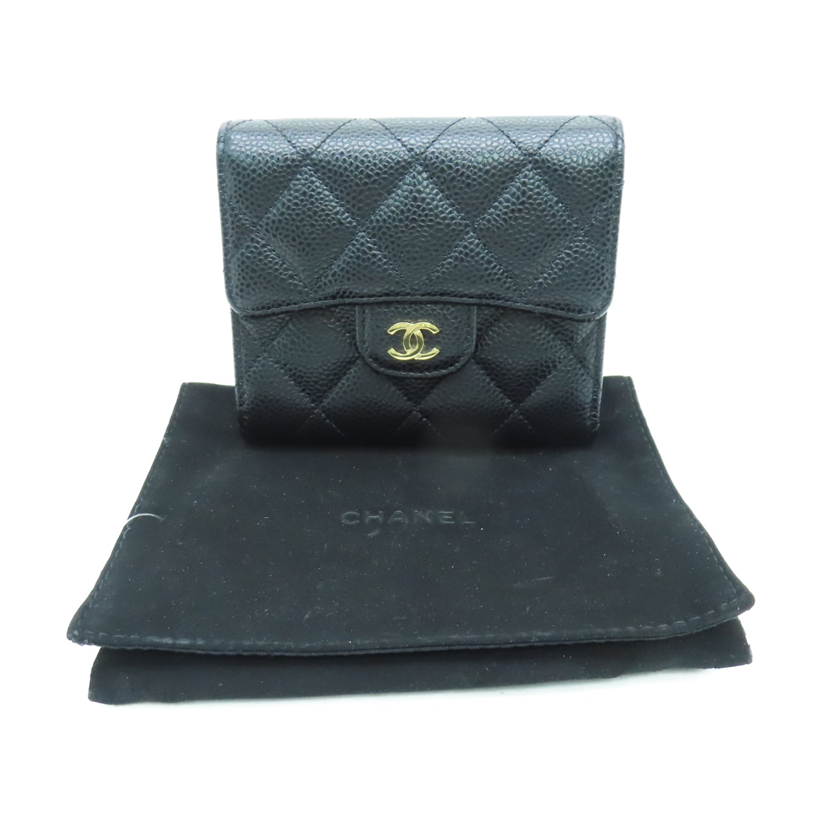 CHANEL 菱格Caviar皮革Wallet金扣錢包黑色
